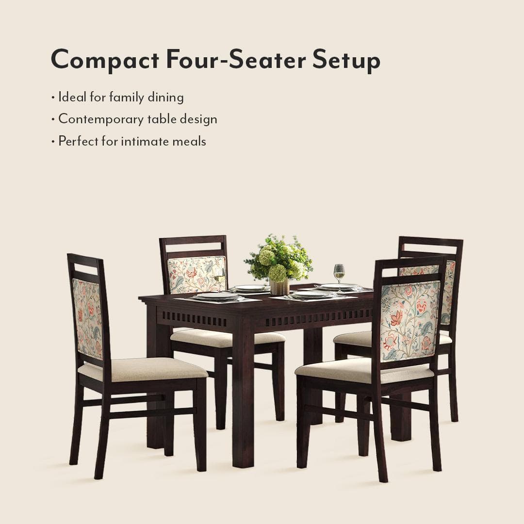Fidora 4 Seater Dining Table With Set Of 4 Alaine Dining Chairs (Colour- Calico Floral Retreat & Pony Beige, Finish- Mahogany)