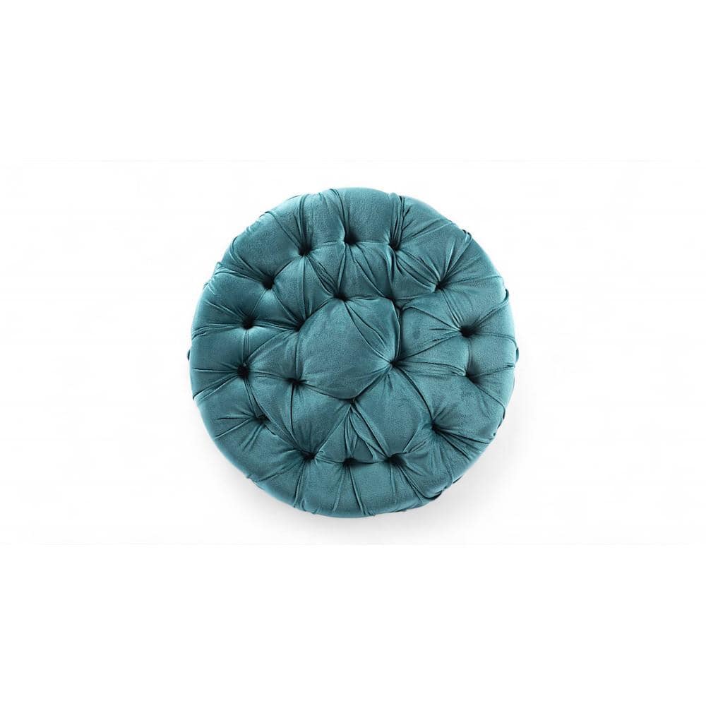 Louisville Acacia Wood Accent Round Set of 2 Pouf Stools in Turquoise