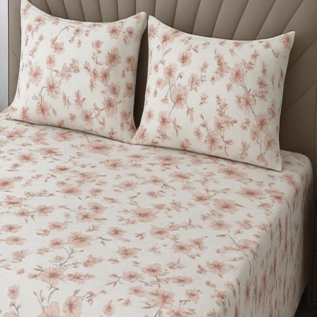 Cream Floral 400 TC Cotton Flat Queen Size Bedsheet With 2 Pillow Covers  Threads