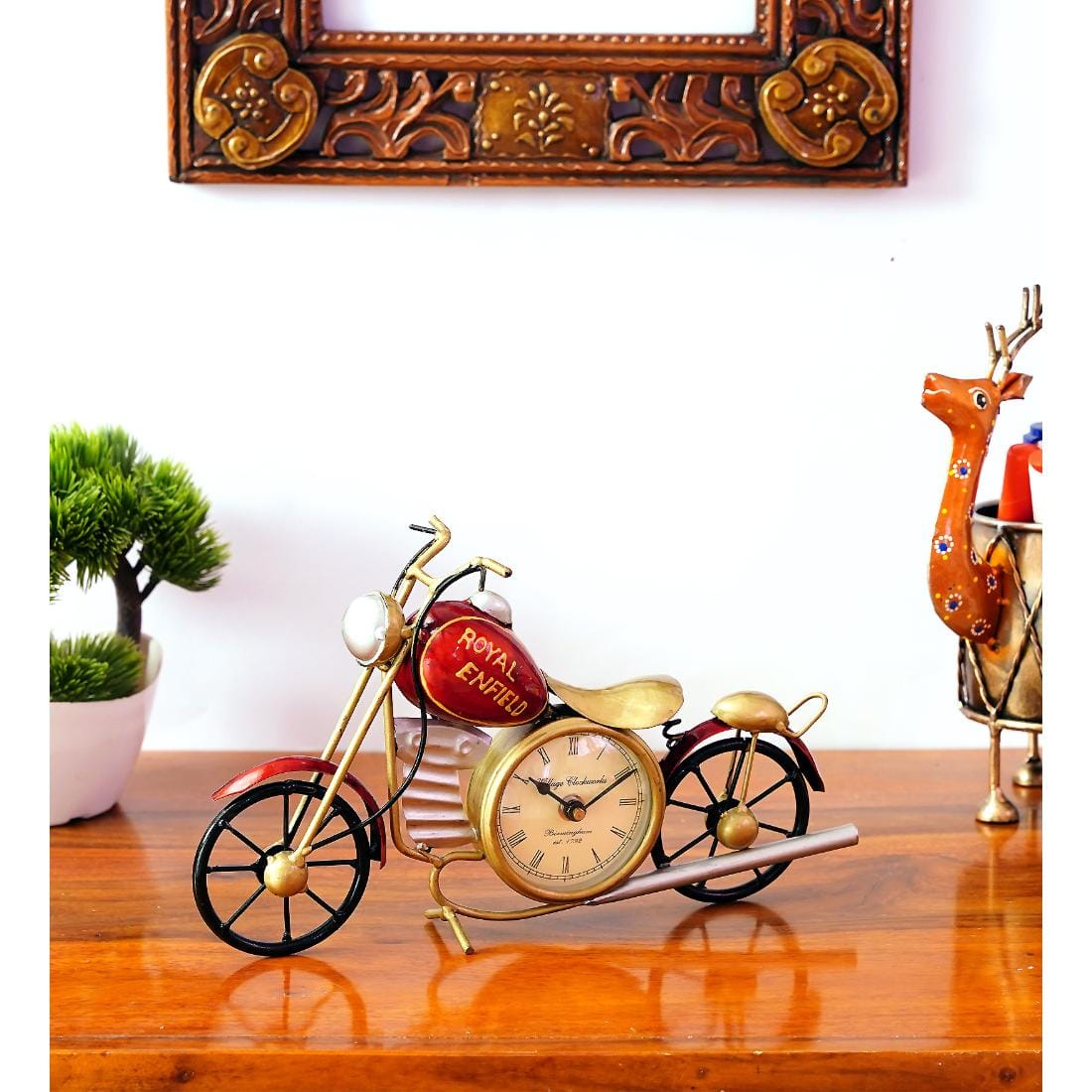 Desert Art Metal Handpainted Red Bike Table Clock Showpiece - Desert Art