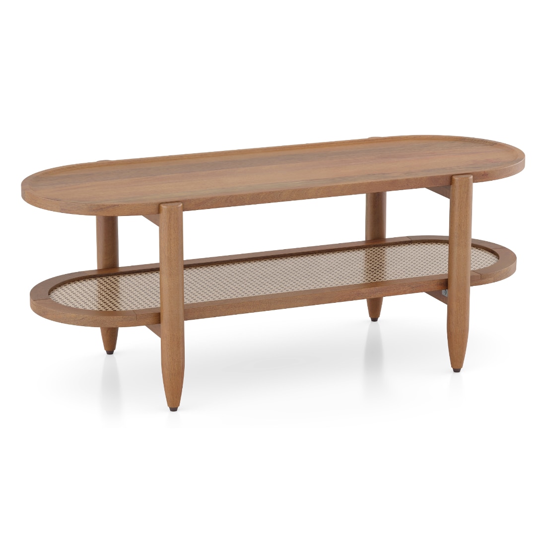 Tora Solid Wood And Cane With Glass Coffee Table In Amber Walnut Finish