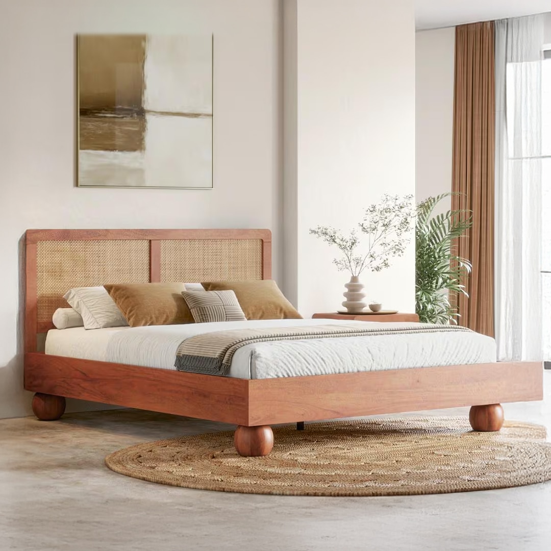 Takai Solid Wood And Cane Queen Size Non Storage Bed In Red Cedar Finish