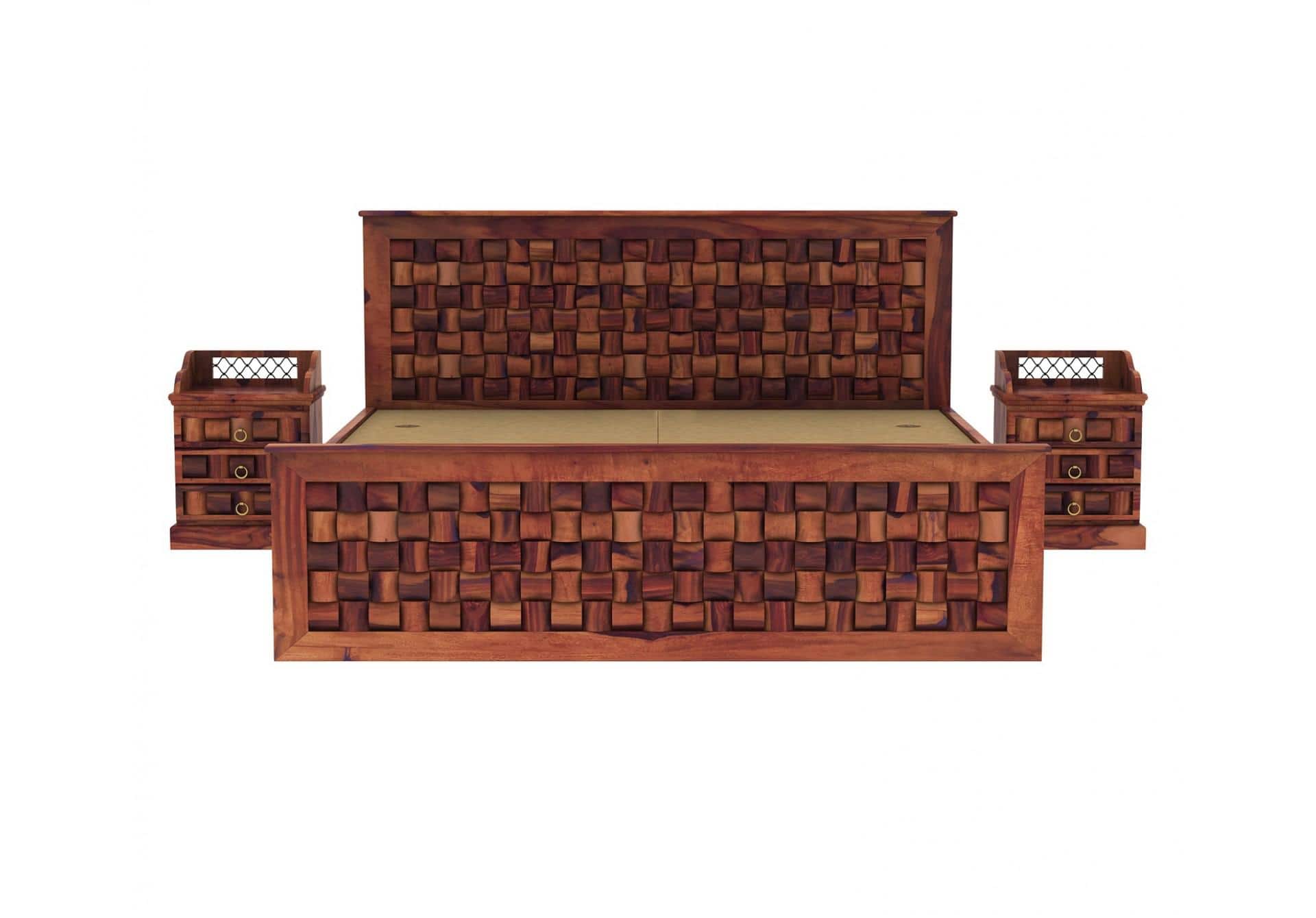 Moglis Solid Wood Queen Size Bed With Box Storage Bed Honey Oak In Finish