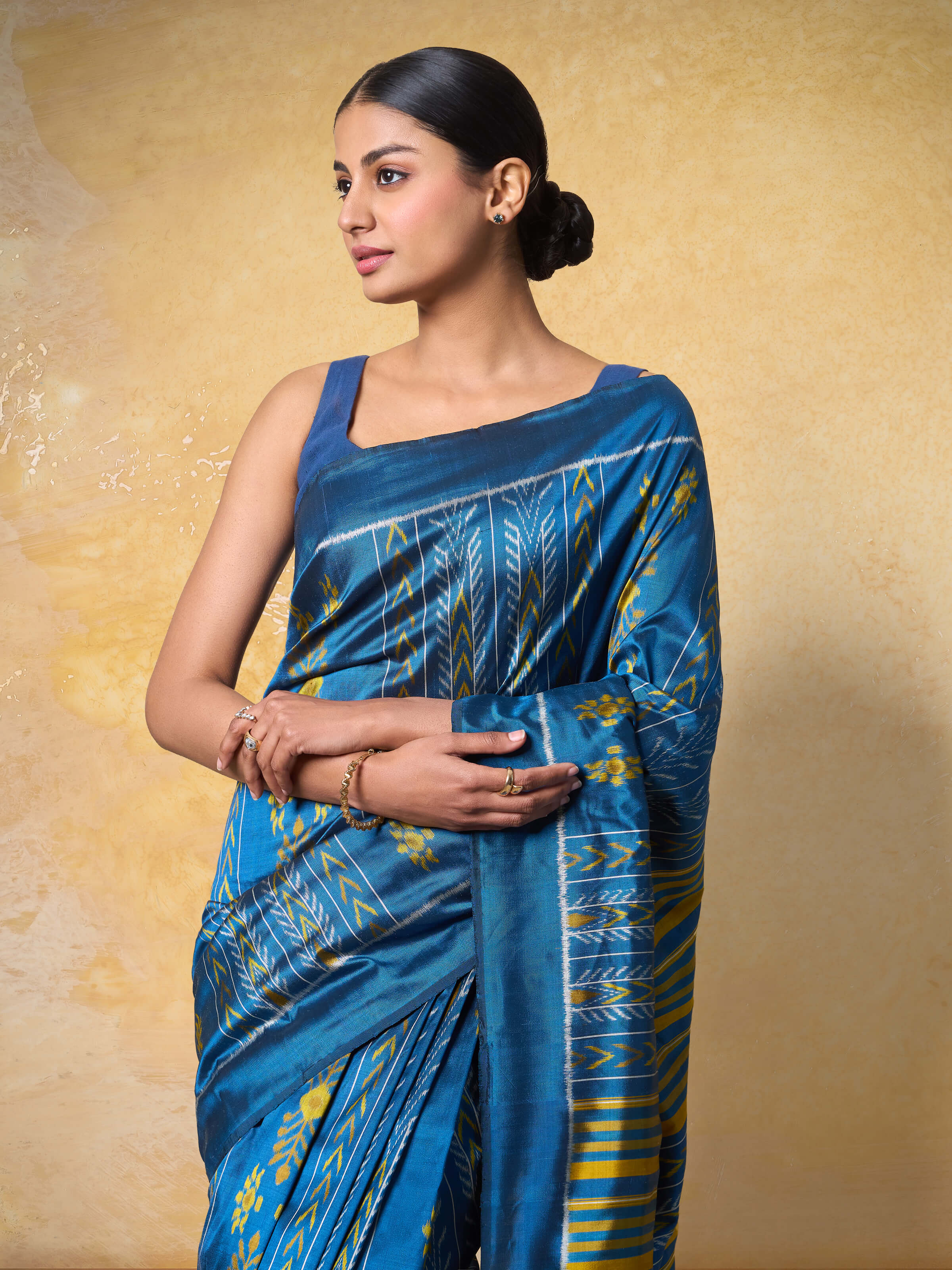 Detailed close-up of Blue Mulberry Silk Odisha Ikat Saree displaying rich fabric texture.