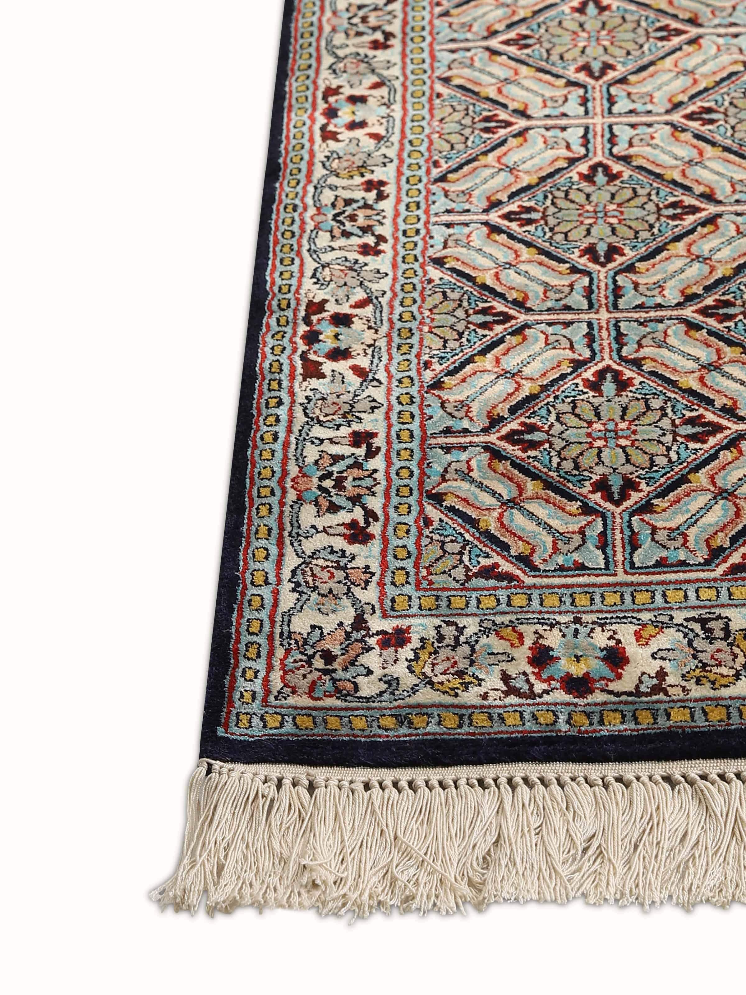 Traditional Persian Blue Khatamband Kashmir Silk Hand-knotted Rug