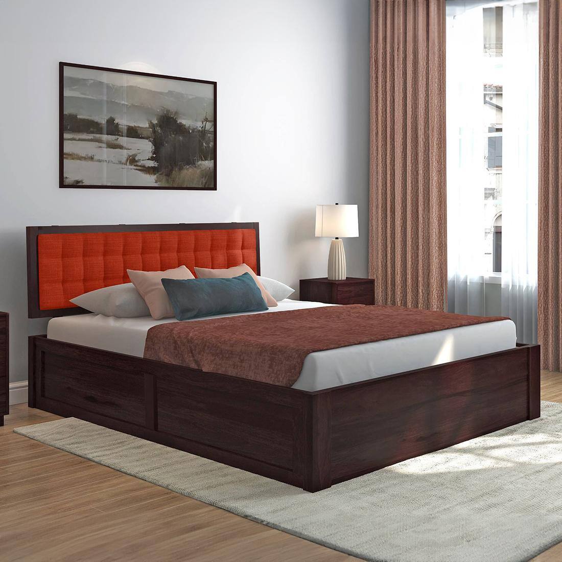 Florence Solid Wood King Size Hydraulic Storage Bed In Mahogany Finish