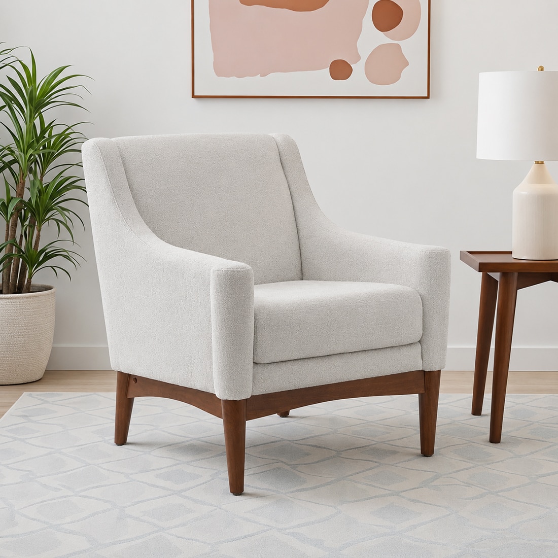 Claudia Boucle Fabric Arm Chair in White Colour - KURSIWALLAH