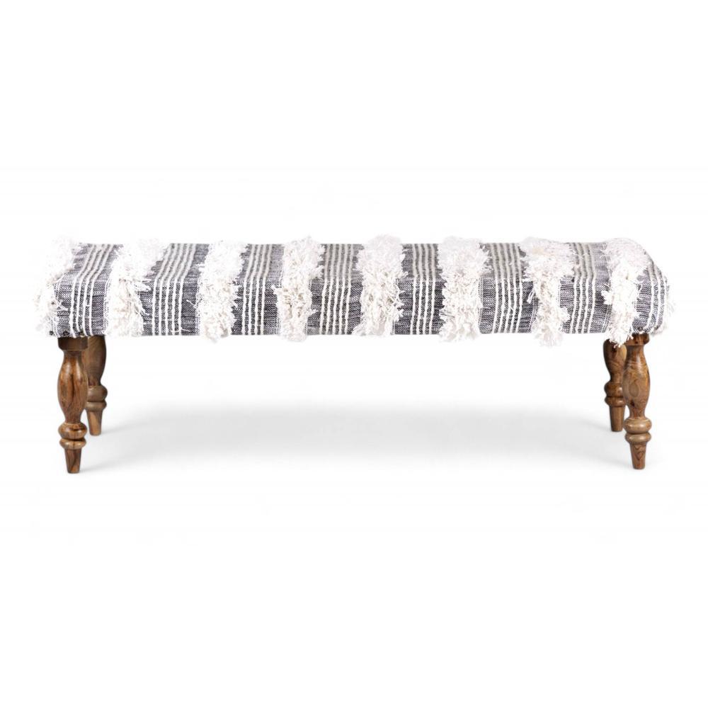 Cairo Sheesham Wood Accent 3 Seater Bench In Grey Fabric