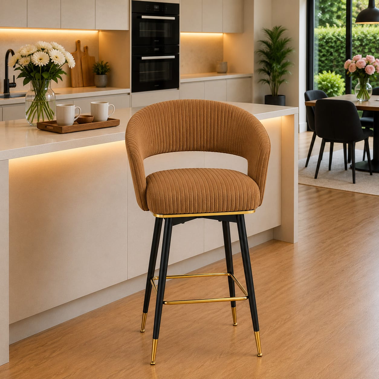 Doe Buck Mixoy Velvet Bar Stool in Emerald Brown Colour with Gold Accents - Doe Buck