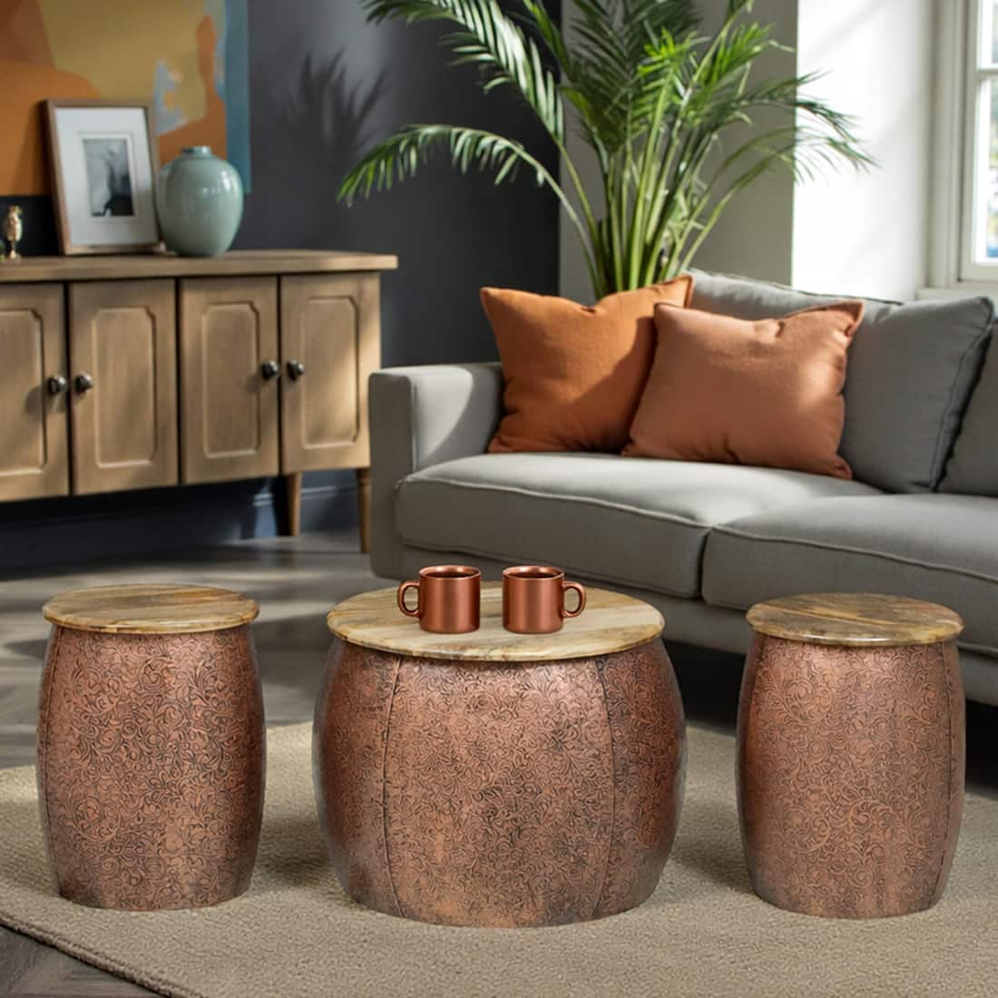 Royal Ottoman Metal Coffee Table with 2 Stools in Copper Finish Set of 3 - Bhavya Exports