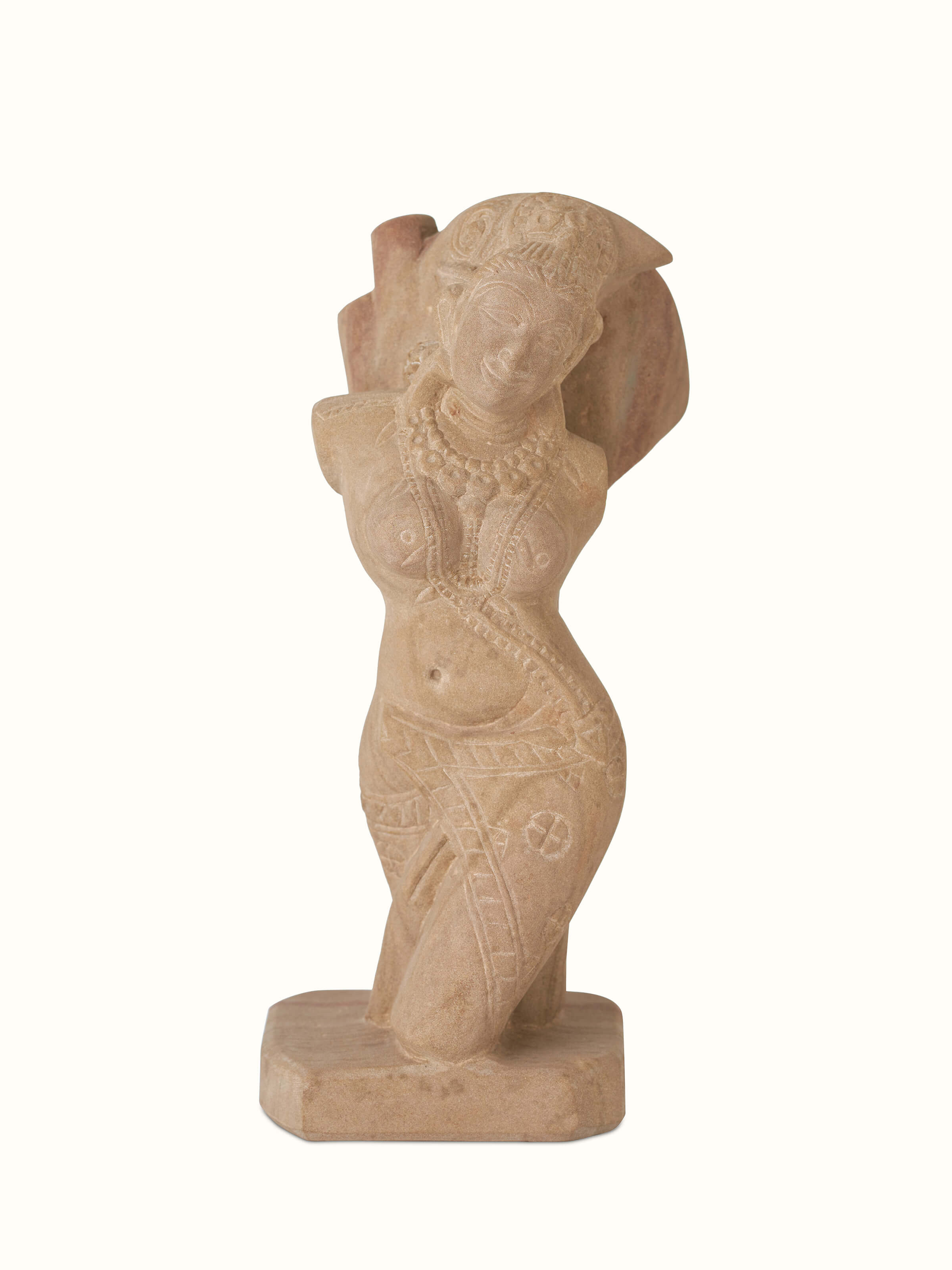 Front view of Enchanting Carved Stone Shalabhanjika Sculpture showcasing the detailed carving and artistry.