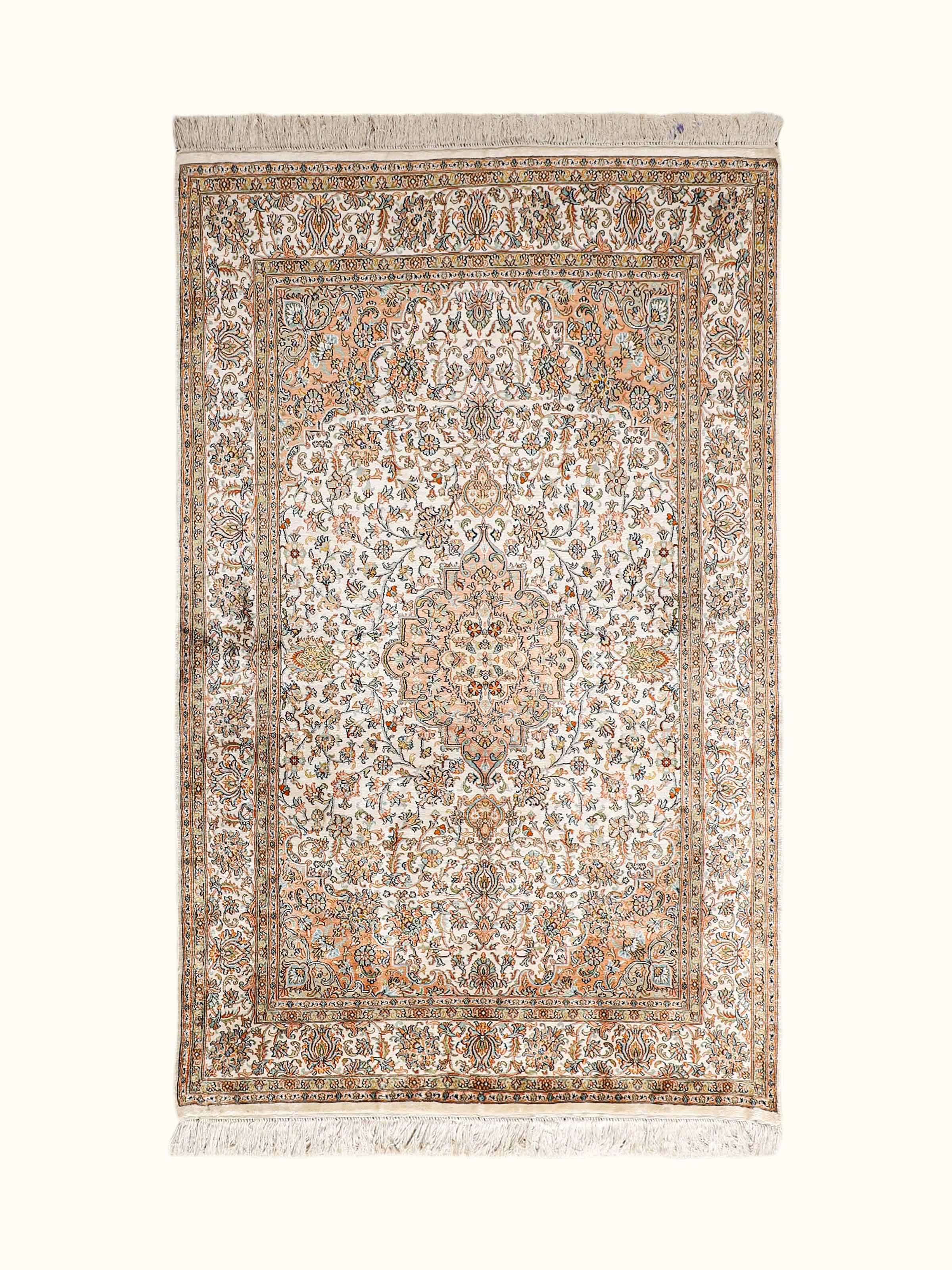 Traditional Persian Ivory Lt. Pink Kashan Kashmir Silk Hand-Knotted Carpet