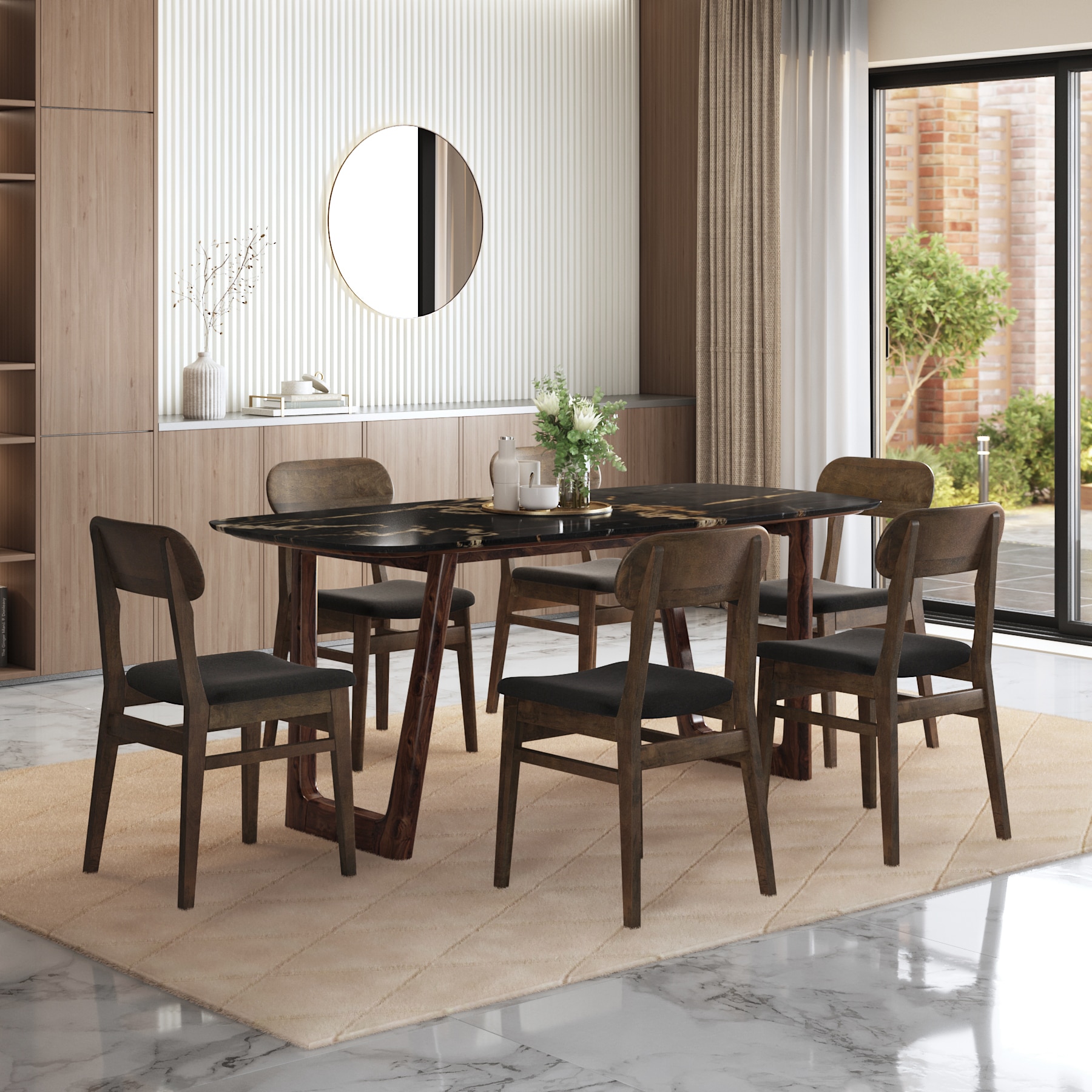Adria Copa Cabana Black Stone 6 Seater Dinning Table With 6  Lunar Dining Chairs (Finish : Copa Cabana, Chair Colour : Urban Grey)