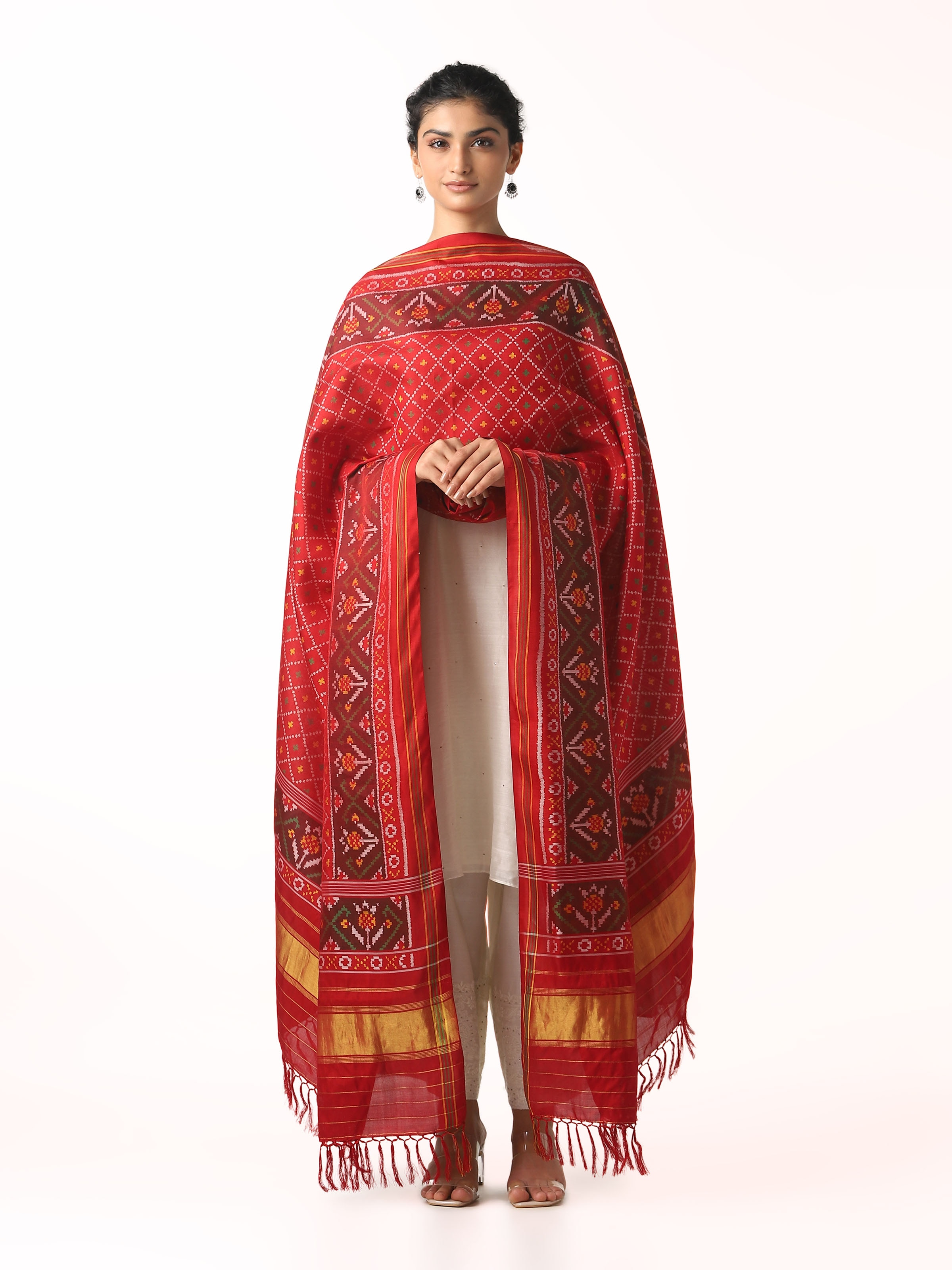 Front view of red silk Patola dupatta with traditional geometric motifs