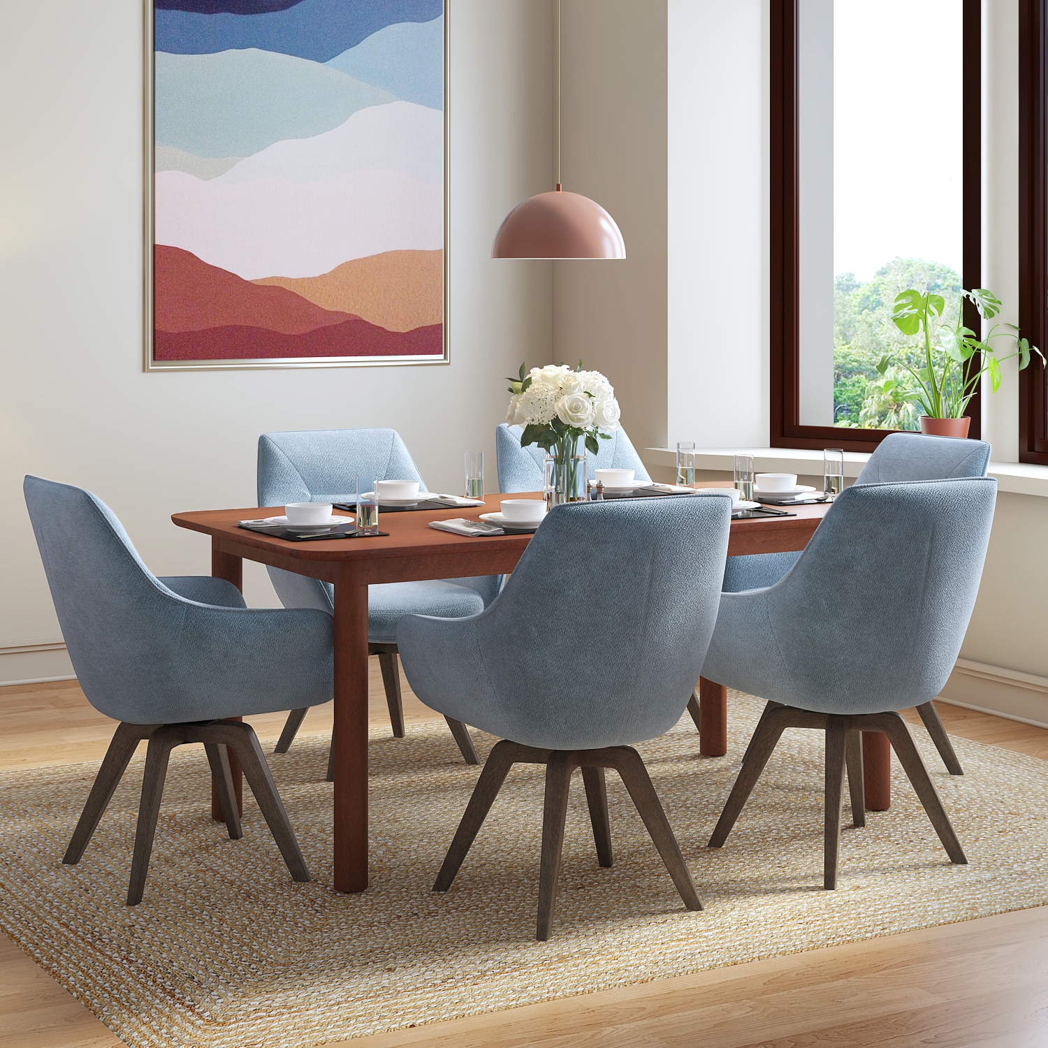 Dane Solid Wood Dining Table 6 Seater with 6 Wella Swivel Solid Wood Dining Chairs (Finish: Honey, Colour: Blue) - Urban Ladder