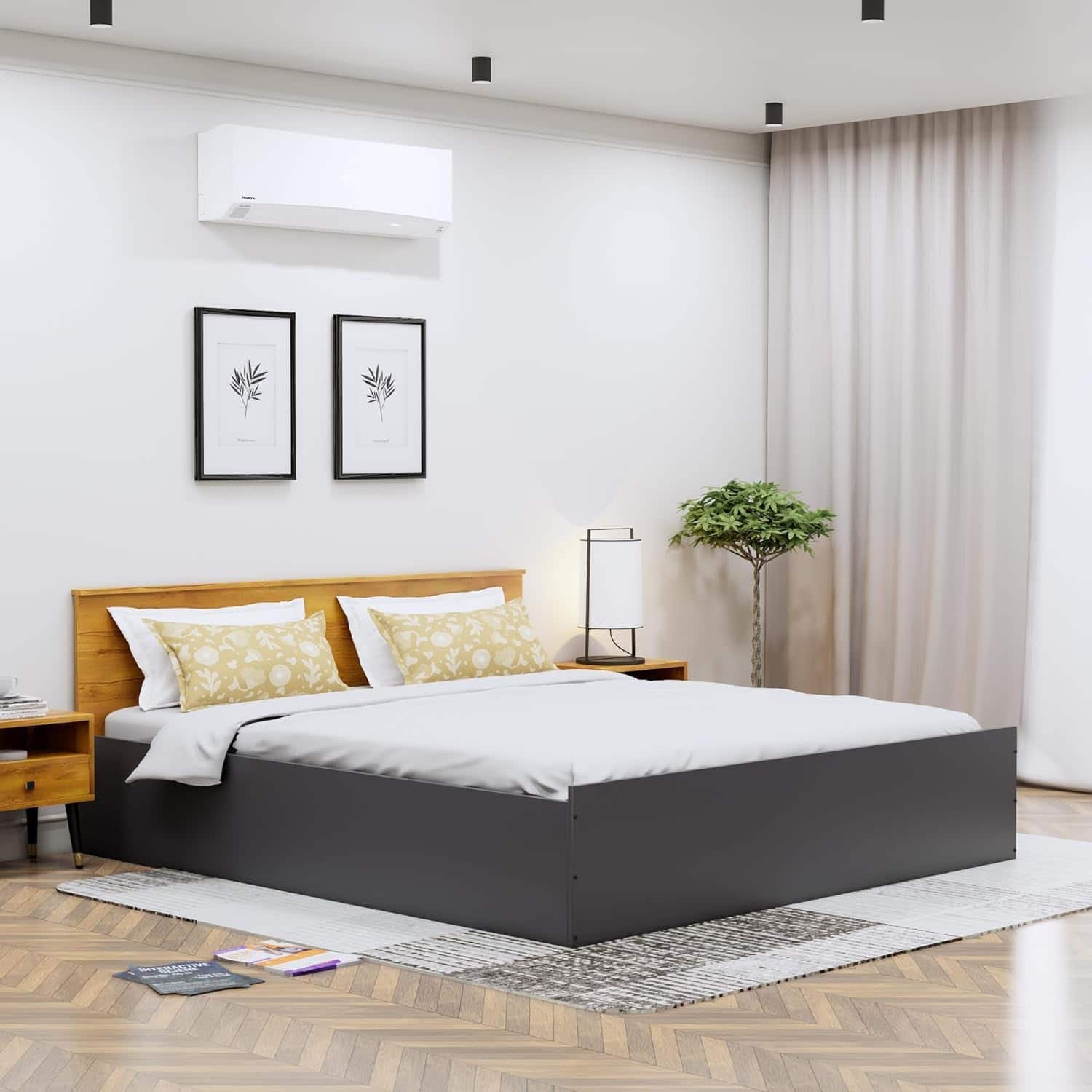 Hexa Engineered Wood Modern Queen Bed With Headboard With Storage In Frosty White And Giant Wood - HexaRed