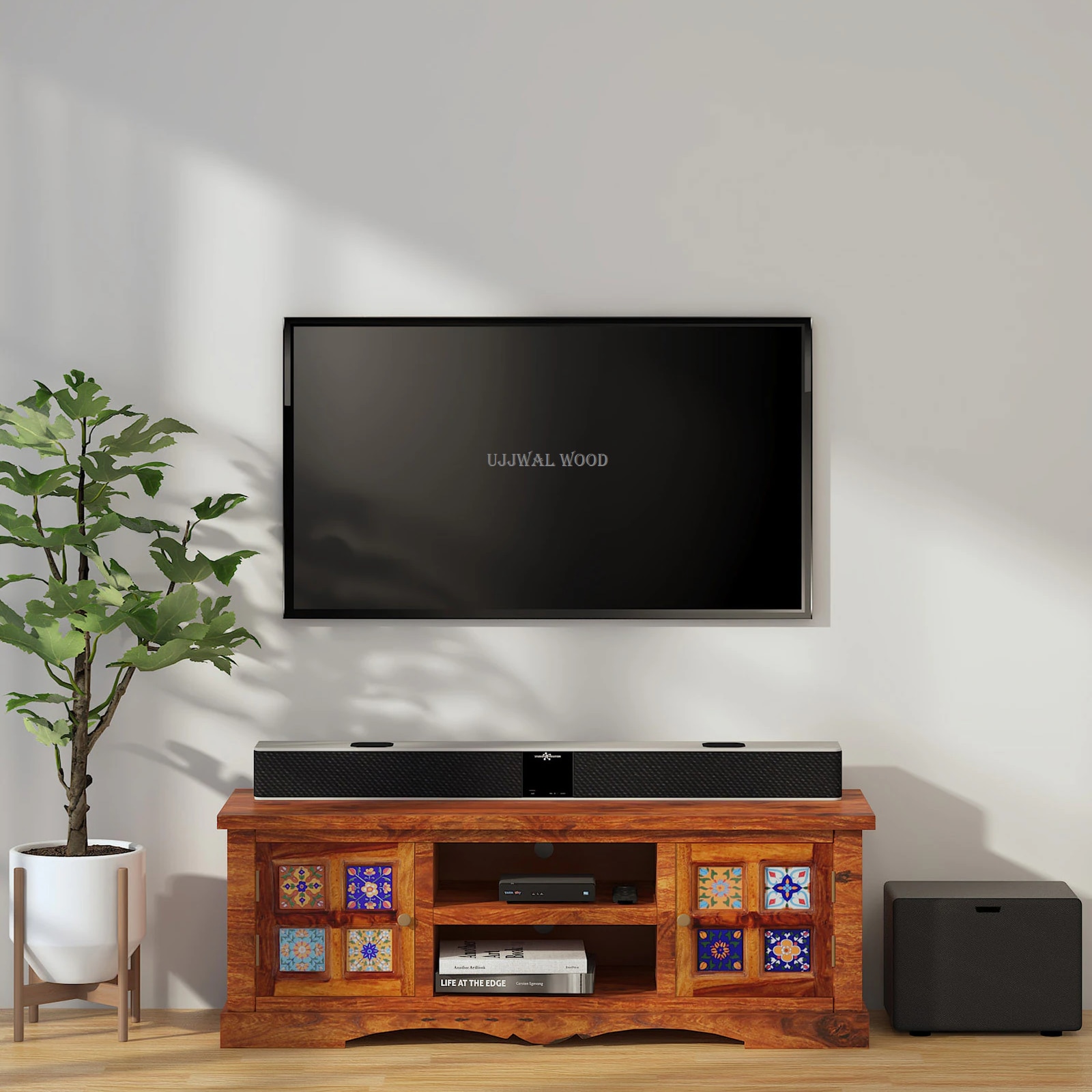 Sheesham Wood TV Unit in Honey Oak Finish for TVs up to 50 Inches - Ujjwal Wood