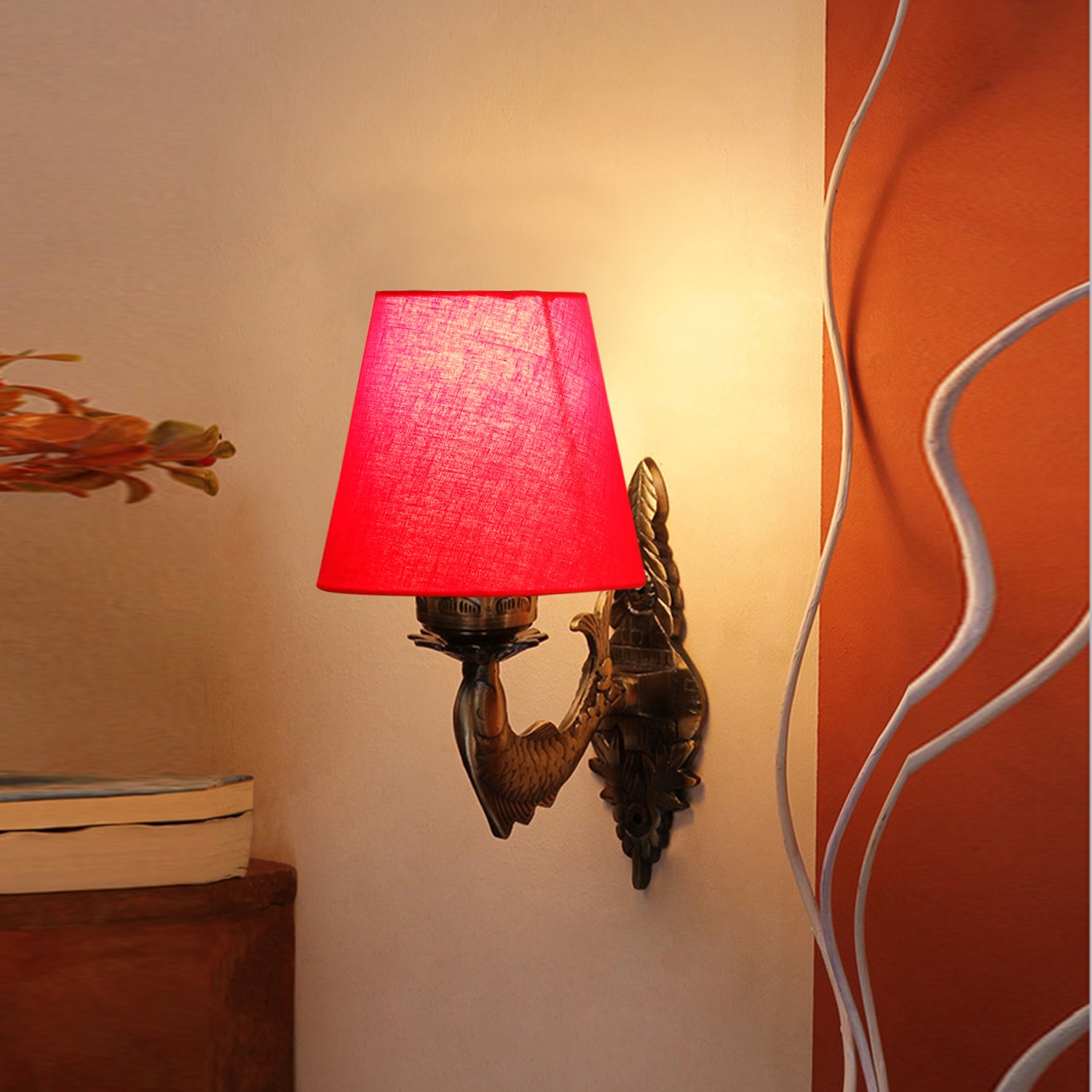 Devansh Metal Electric Wall Light in Antique Gold Colour with Red Shade Count of 1 Light - Devansh