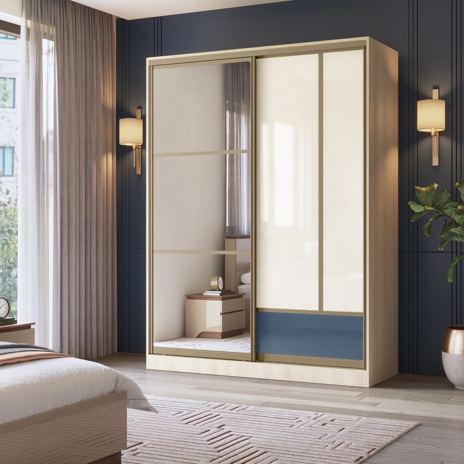 Velora Premium 2 Door 8ft Sliding Wardrobe with mirror Double cream - Hauge Blue Light Oak Finish - Urban Ladder