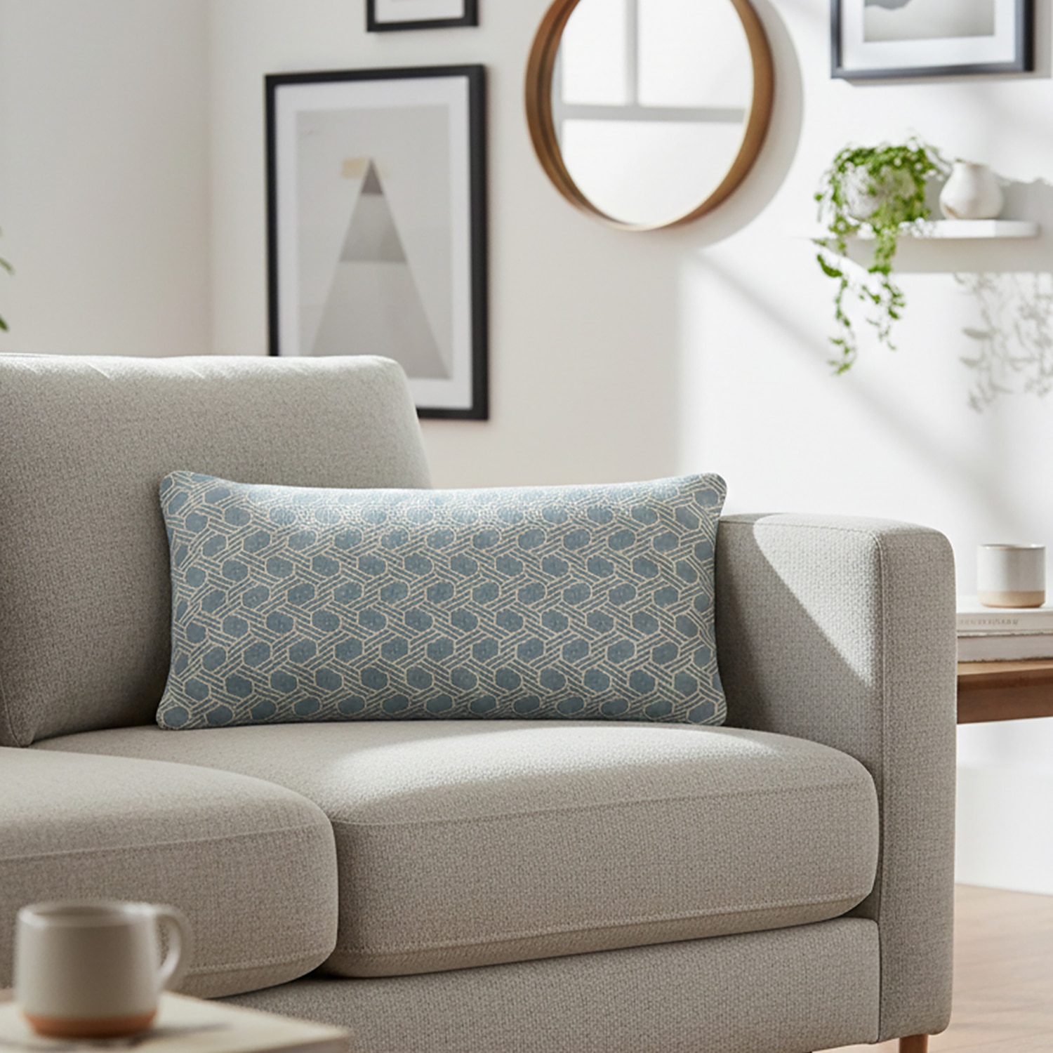 Geometric Knit Cotton Cushion Cover  Alice Blue Natural 12X20  Inches - Pluchi