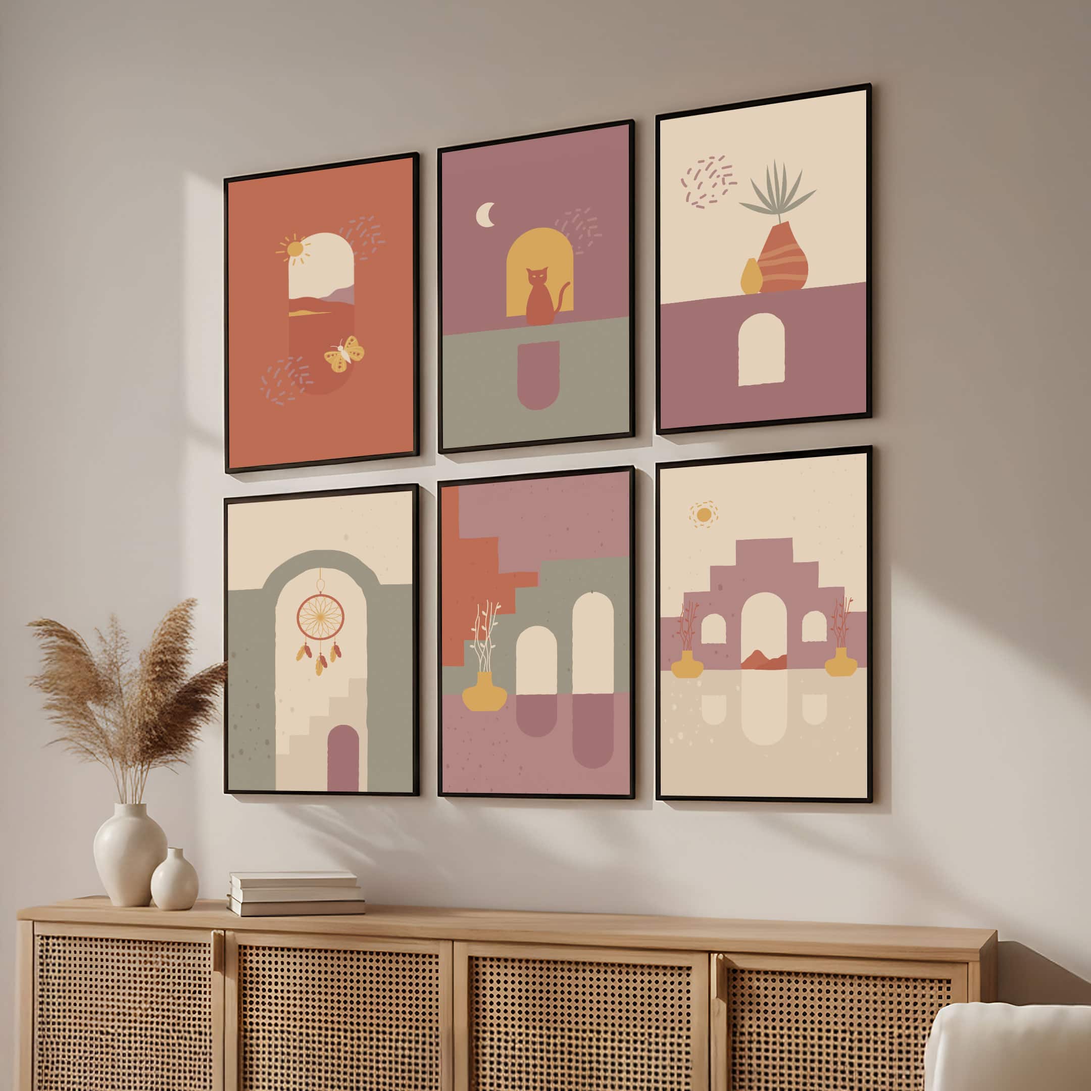 The Castle Decor Boho Abstract Botanical Wall Art Set of 6 Design 2 11x17 Inch - The Castle Decor