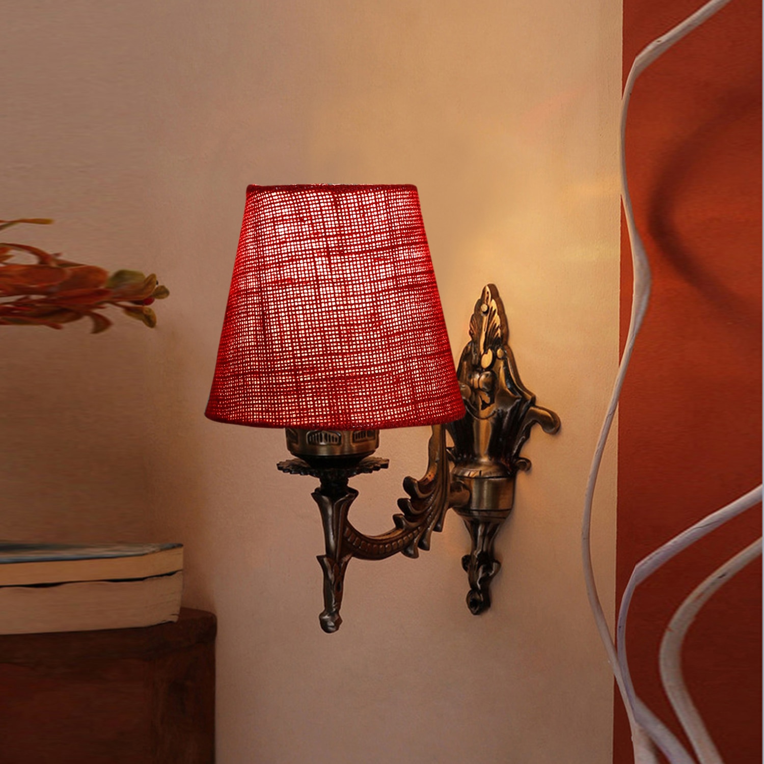 Devansh Metal Electric Wall Light in Antique Gold Colour with Maroon Shade Count of 1 Light - Devansh