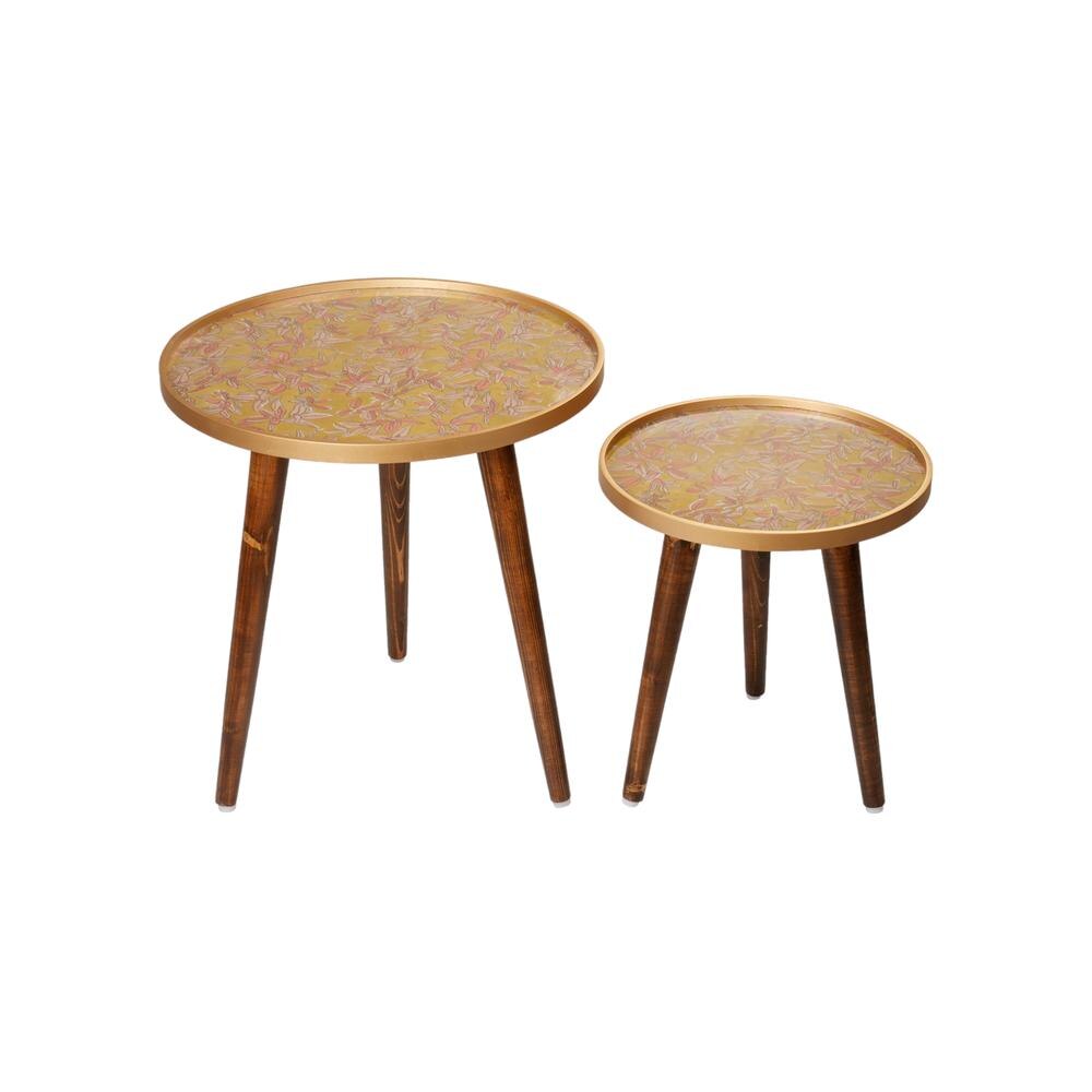 Peach and Gold Floral Round Nesting Tables with Wooden Legs, Side Tables, Wooden Tables, Living Room Decor by A Tiny Mistake