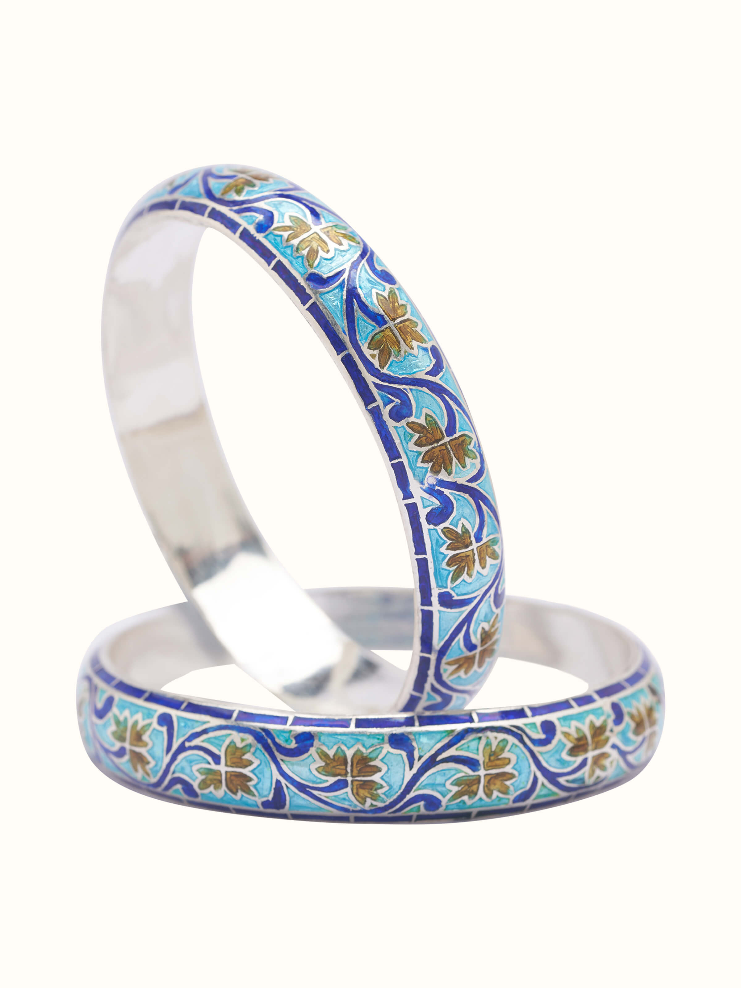 Front view of blue meenakari silver bangles (2 pcs) featuring traditional enamel work and elegant design.