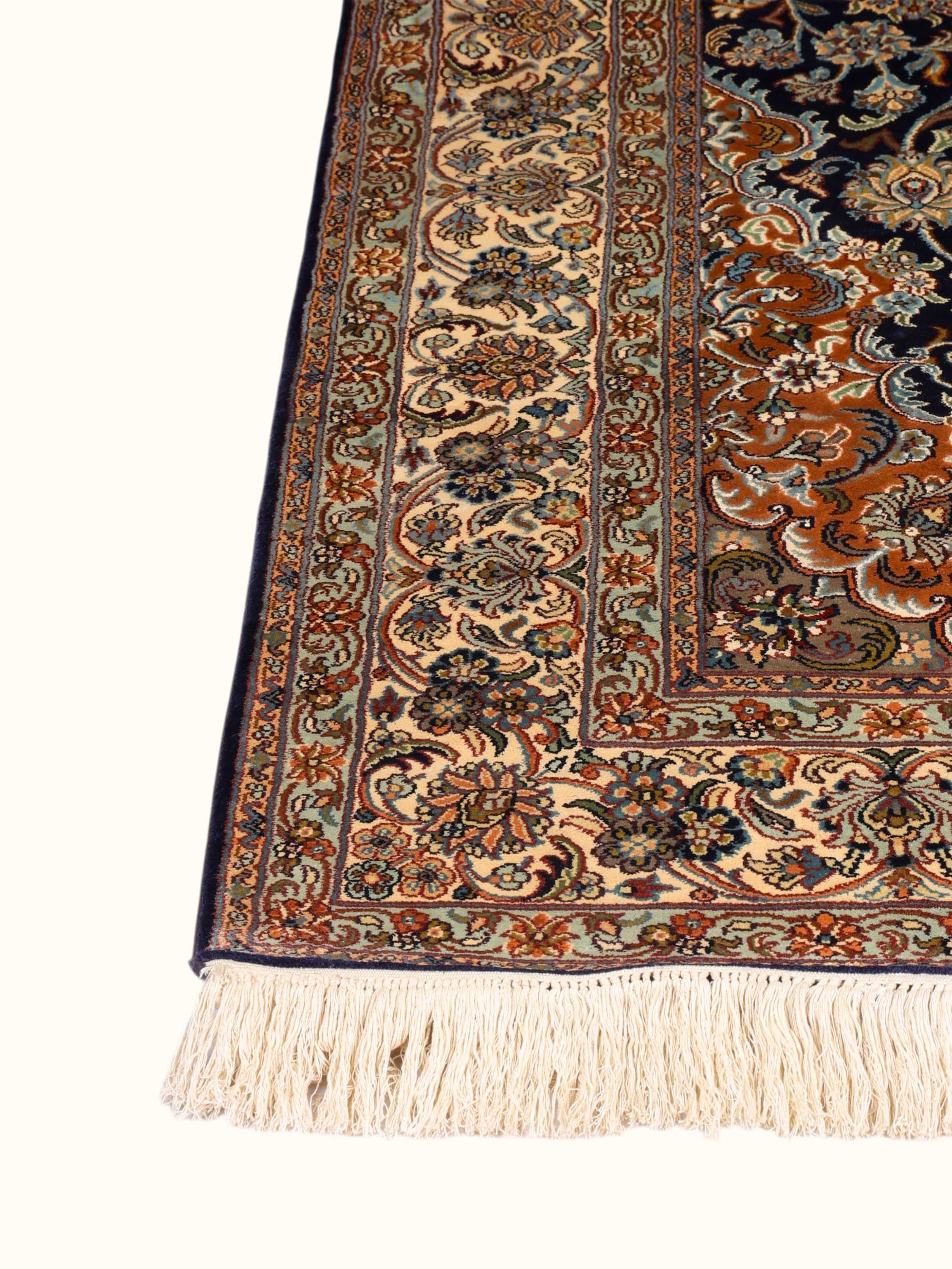 Traditional Persian Navy Rust Kashan Kashmir Silk Hand-Knotted Carpet
