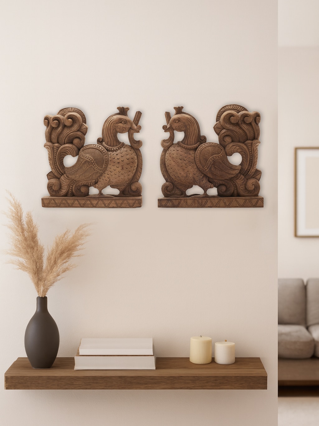 Lifestyle view of Palakollu Carved Neem Wood Parrot Brackets Sculpture Set of 2