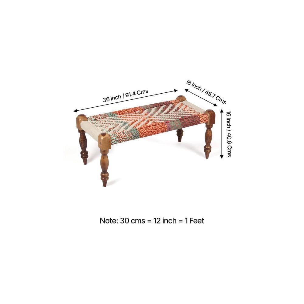 Oakville Sheesham Wood 2 Seater Maachi Bench In Assorted Multi-Colour Chindi & White Rope Canning