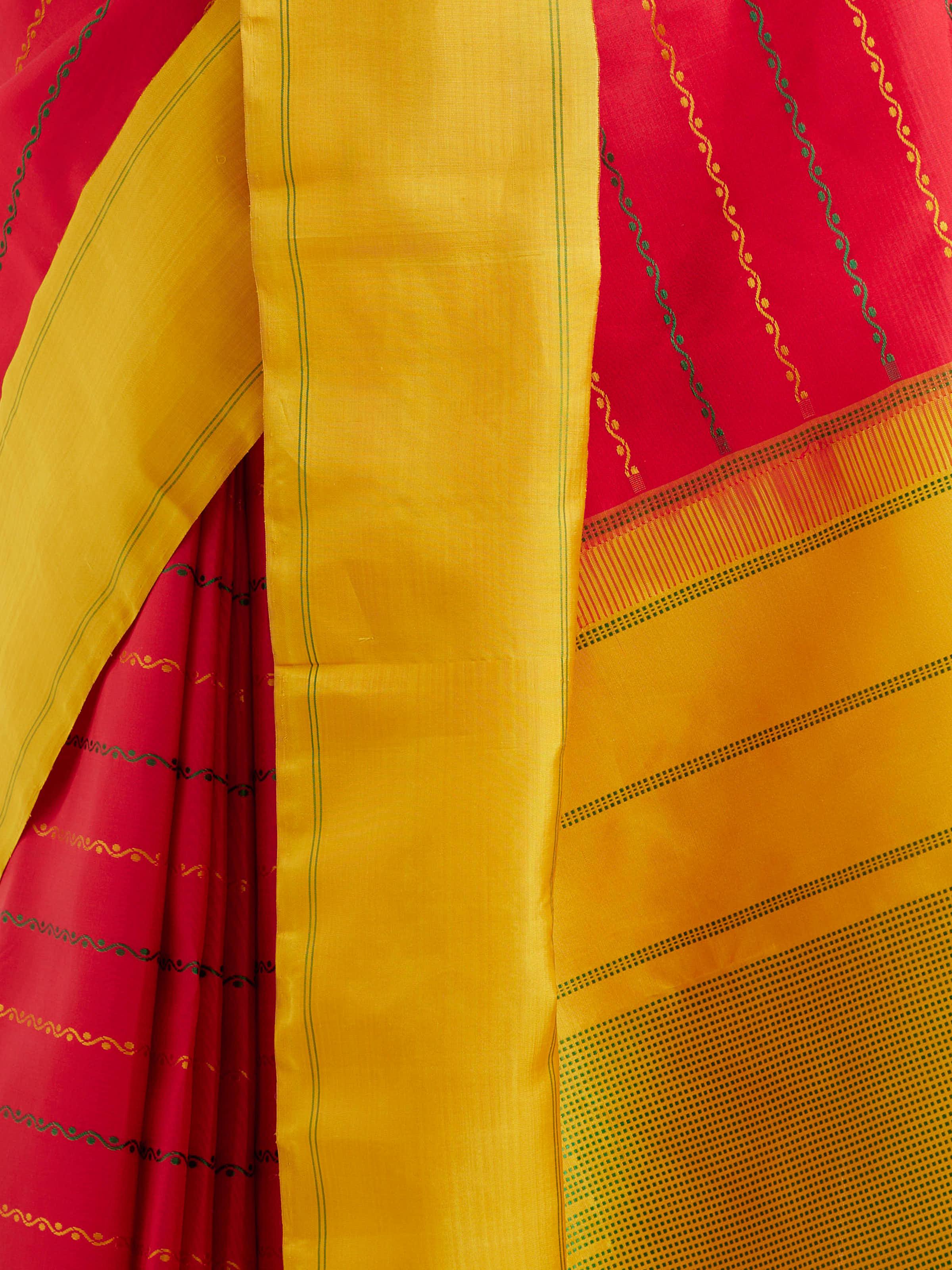 Detail view of red silk Kancheepuram saree showing silk texture and zari craftsmanship