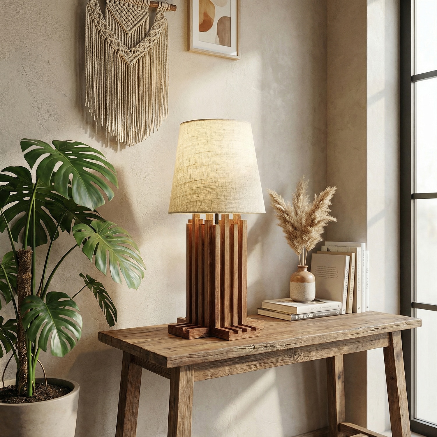 Palisade Brown Wooden Table Lamp with White Fabric Lampshade - Symplify