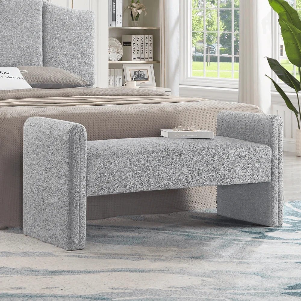 Wooden Twist Soft Hropzy Boucle Upholstered Armrest Ottoman Bench in Light Grey Colour - Wooden Twist