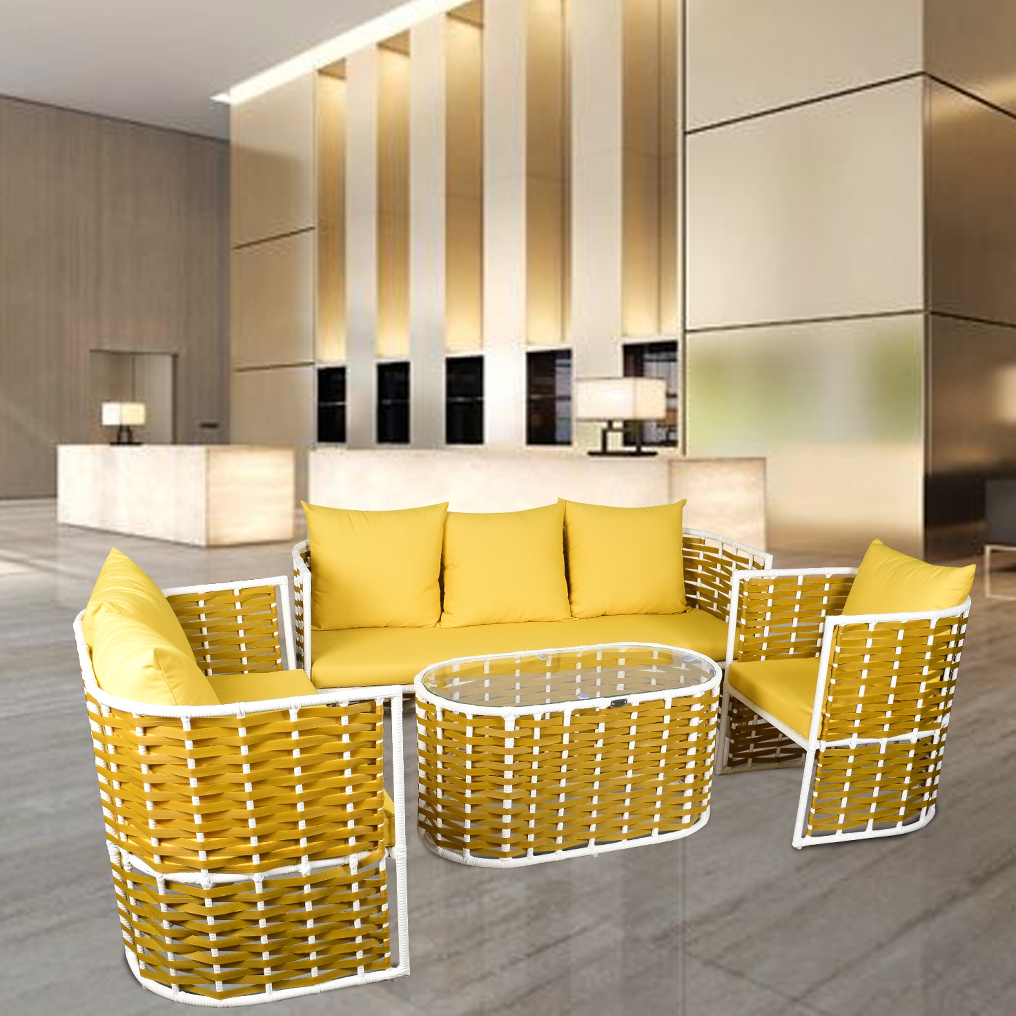 Rouen 3+2+1 Seater Wicker Sofa Set in Dual Tone White and Beige Colour