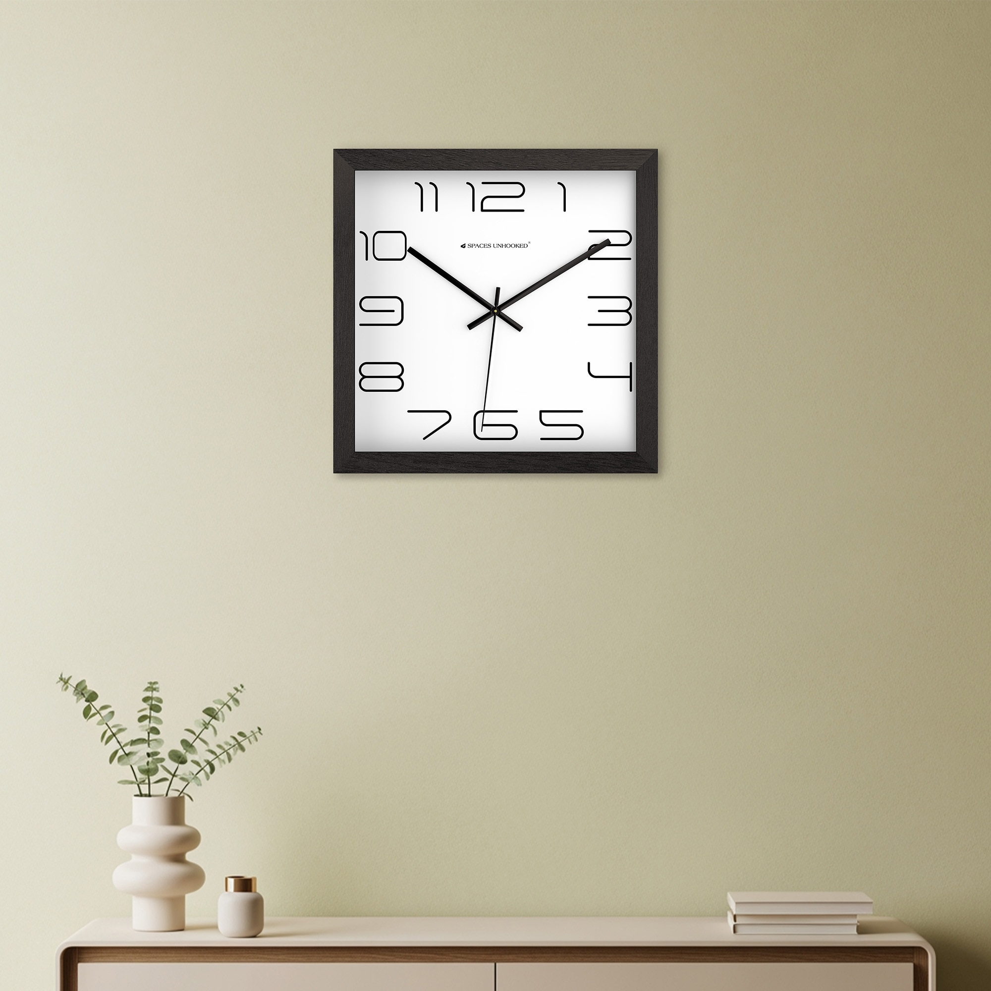 Spaces Unhooked Square Wooden Wall Clock, Black Frame, White Dial with Modern Outline Numerals - Spaces Unhoooked