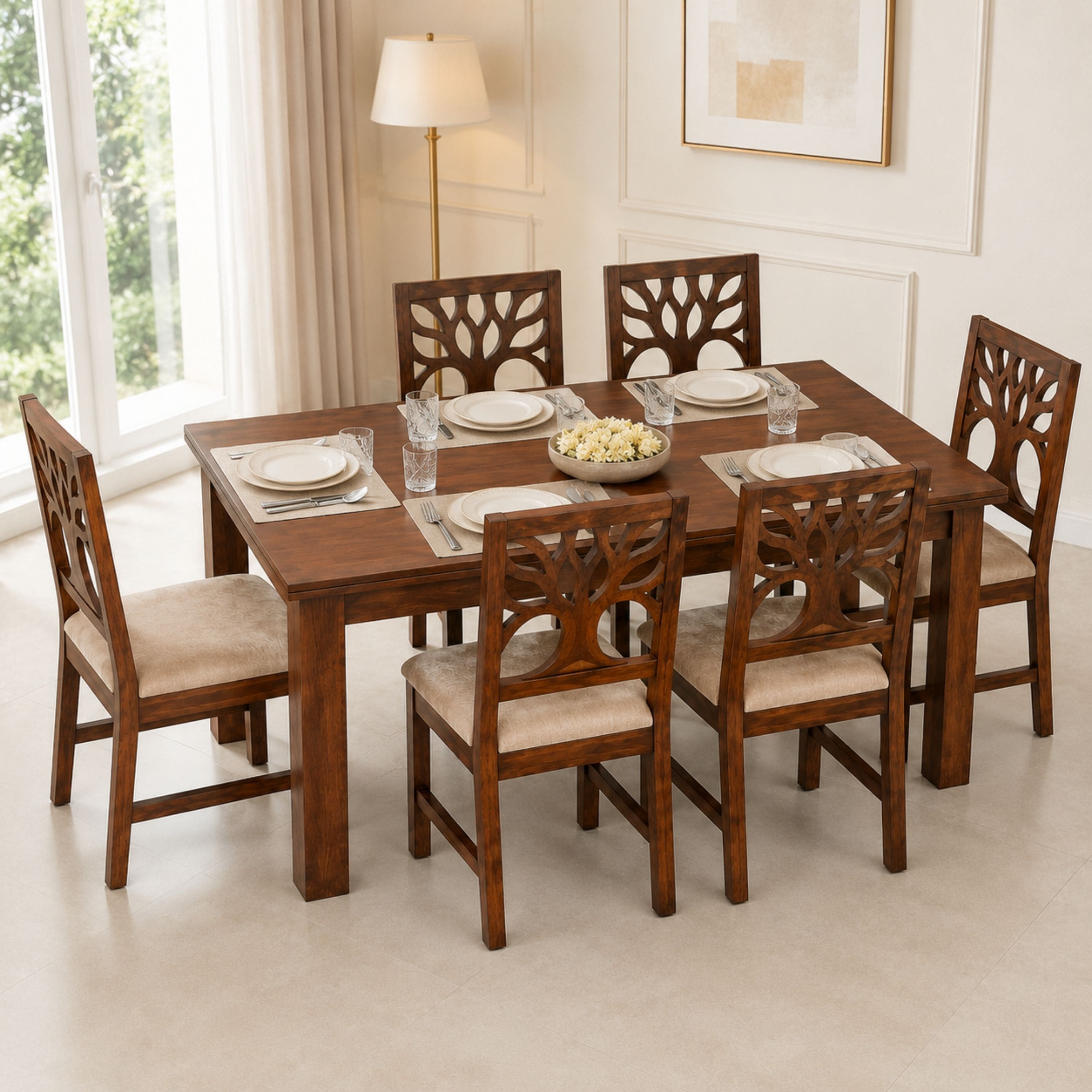 Globally Indian Aroha Solid Sheesham Wood 6 Seater Dining Table Set 6 Chairs Beige