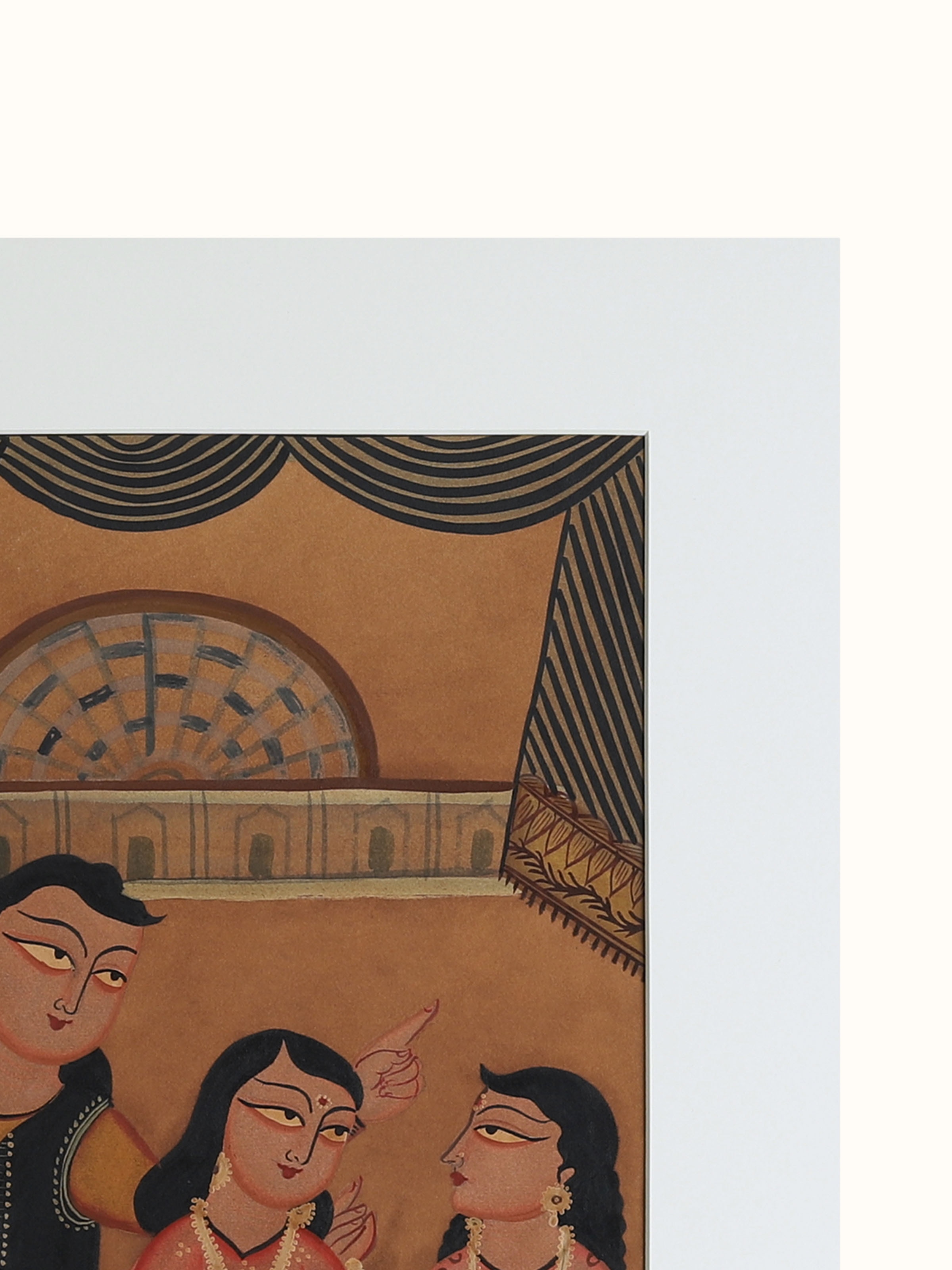 Close-up detail view of Adda scene Kalighat folk art painting texture