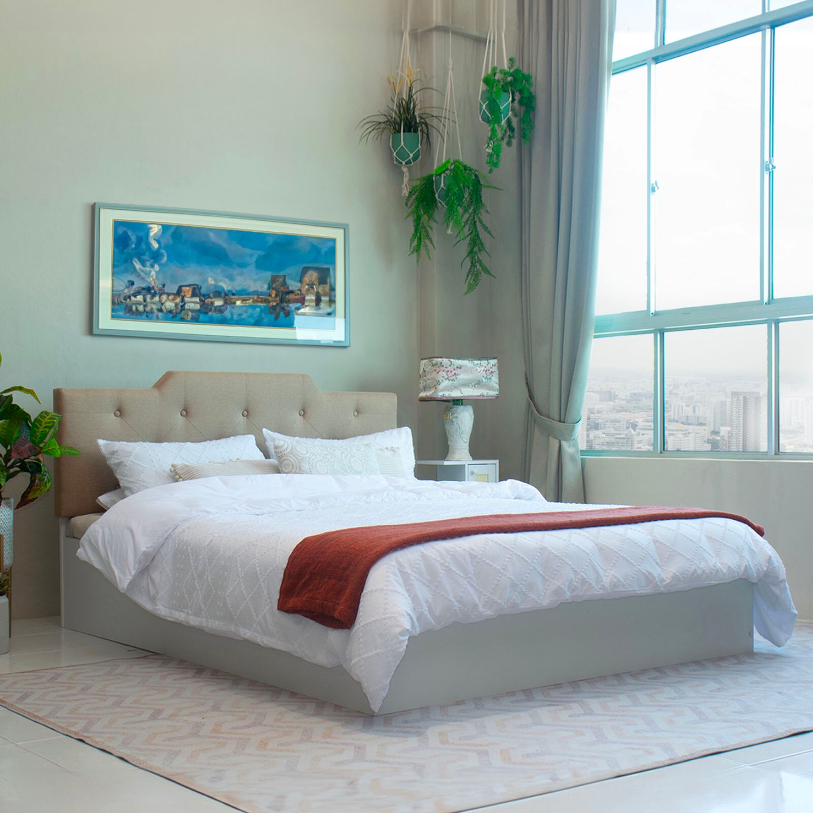 Prajna Bed With Premium Leatherette Fabric Box and Half Hydraulic Storage - Queen Bed