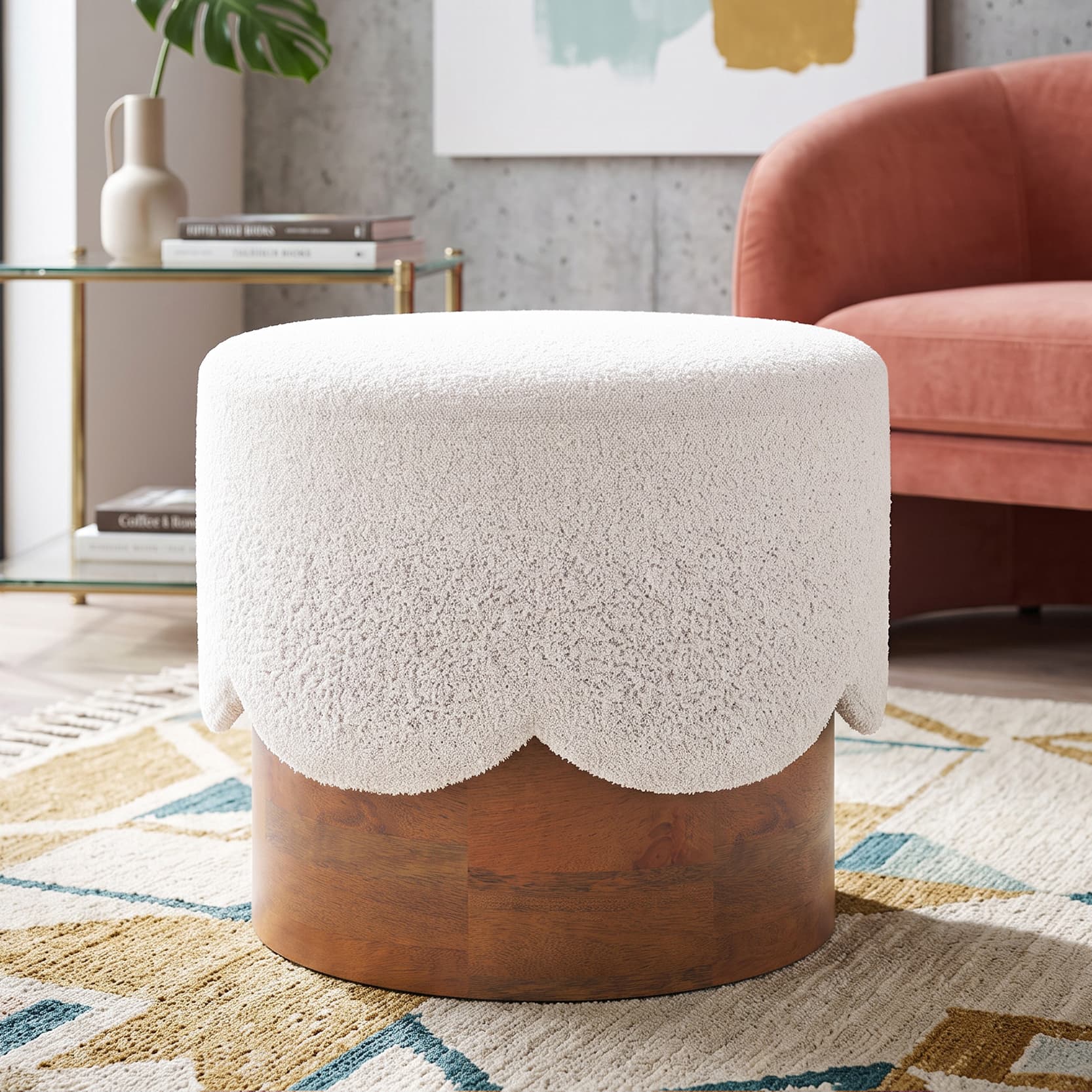 Jules Pouffee In Amber Walnut Finish with White Boucle Colour - Urban Ladder