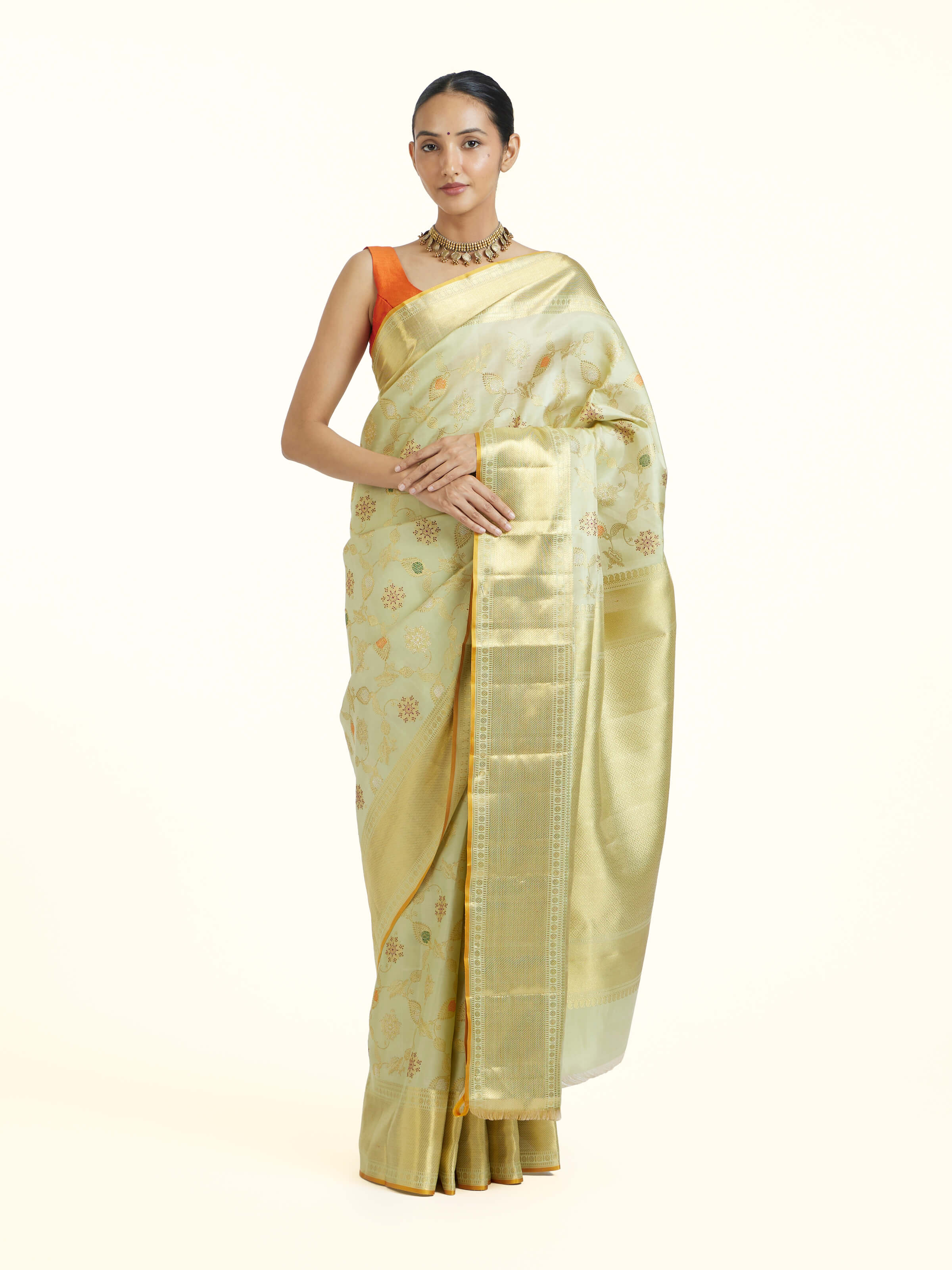 Beige Kancheepuram Silk Zari Saree