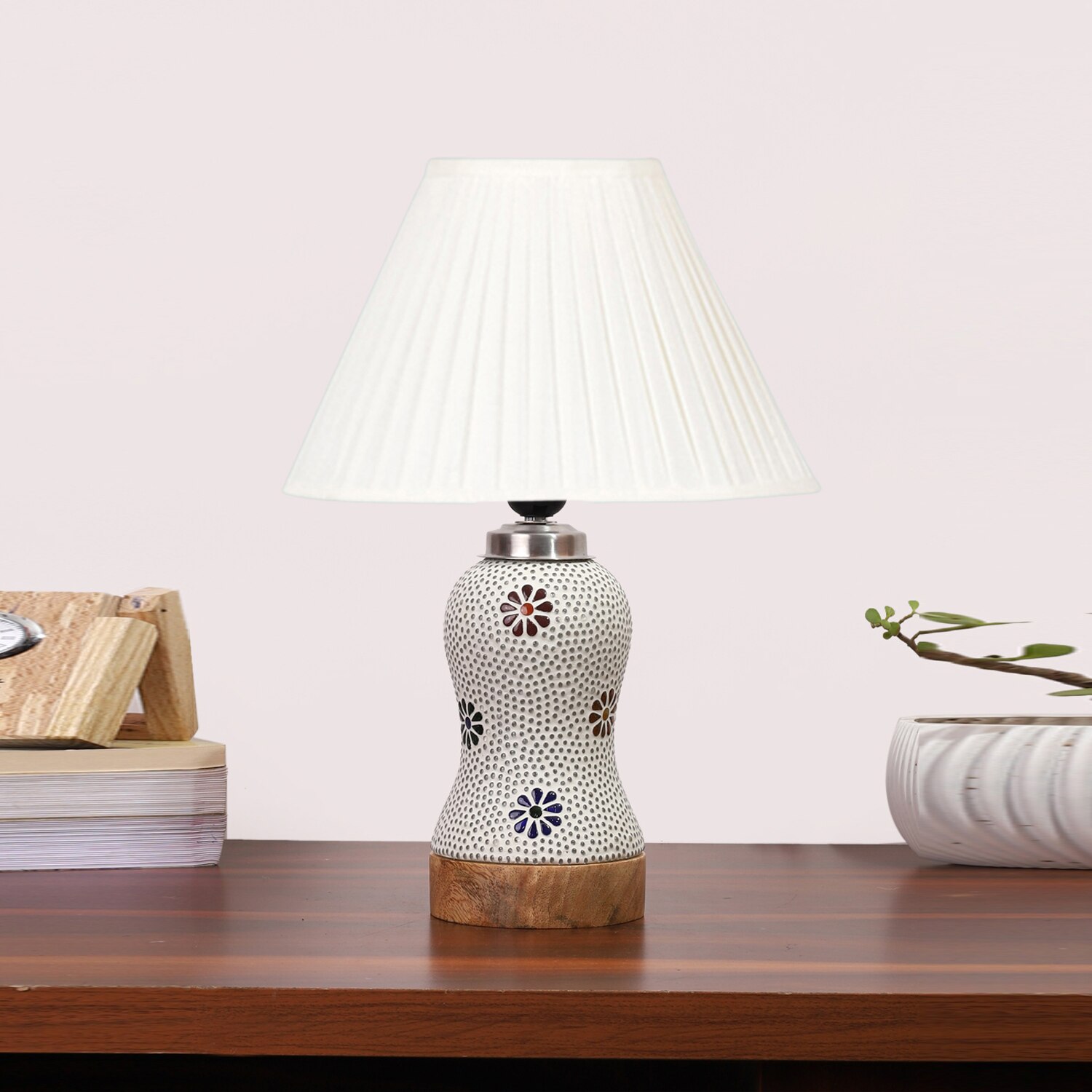 Devansh Off-White Cotton Straight Pleated Shade Lamp With Wood & Mosaic Glass Base For Decoration/Office/Home/Gifting/Study For Decoration/Office/Home/Gifting/Study