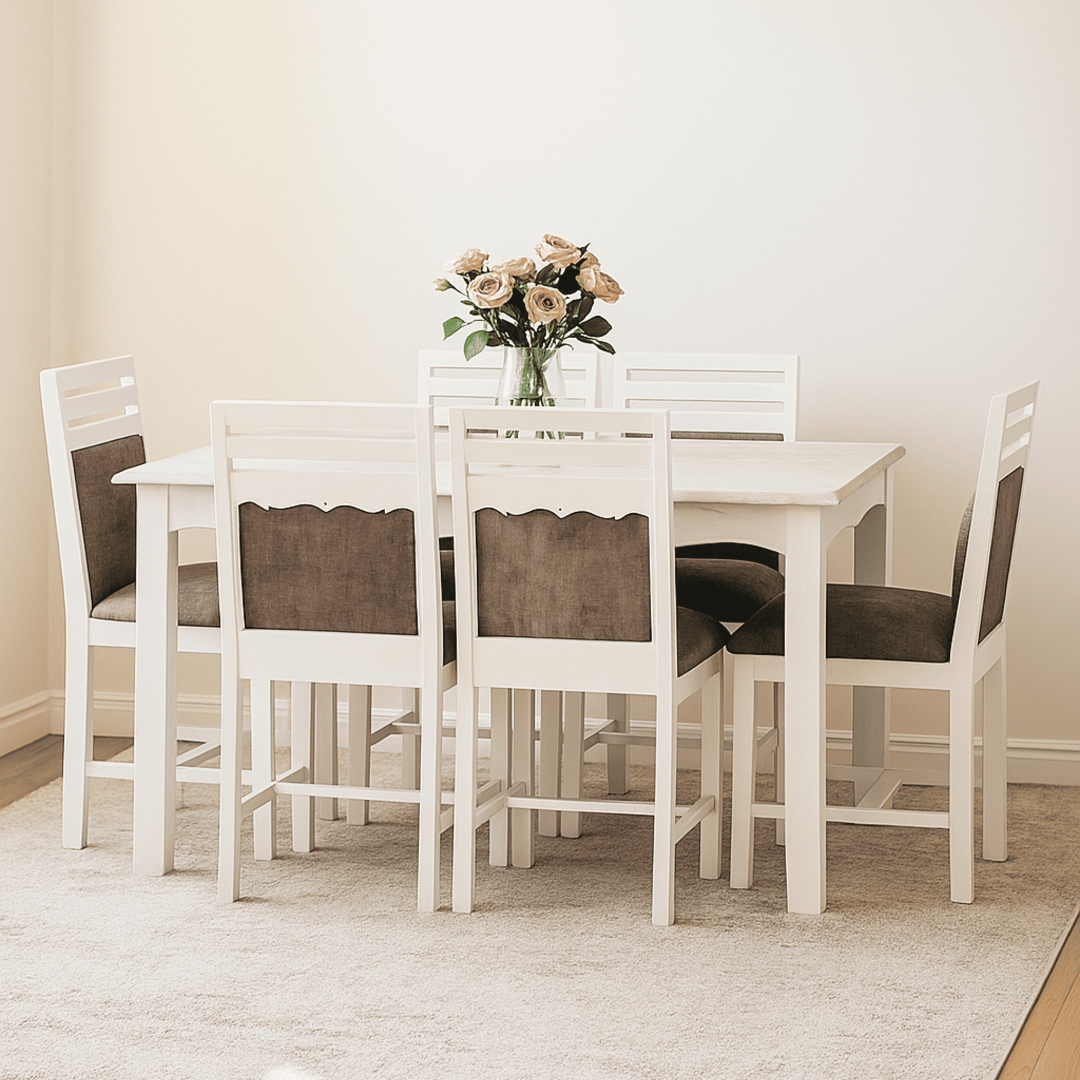 Globally Indian Compact Wooden Dining Table Set For 6 – White Painted Finish With Cushioned Seating