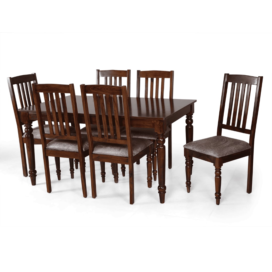 Globally Indian Sheesham Wood 6 Seater Dining Table Set With 6 Seater Cushioned Chairs -Straight Line Backrest