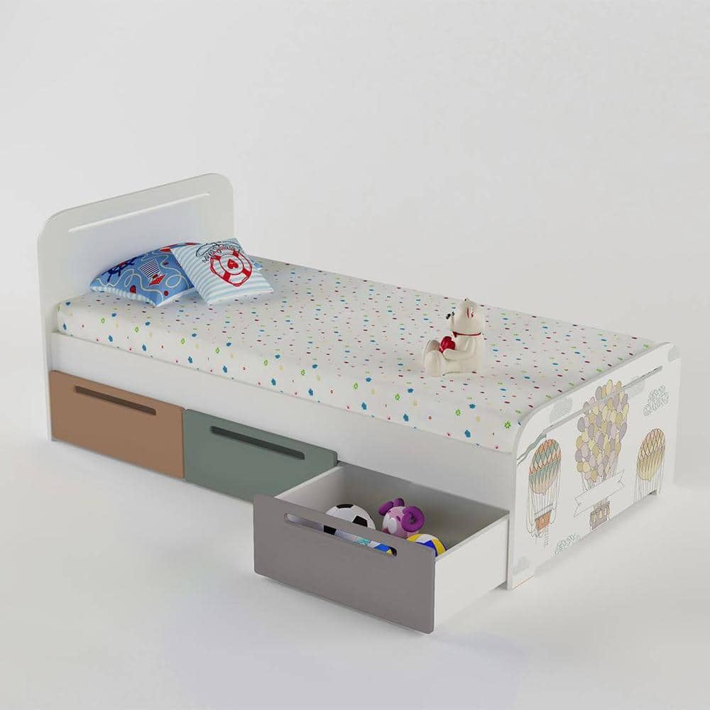 Cloud Tails Engineered Wood Drawer Storage Bed in Light Grey Colour