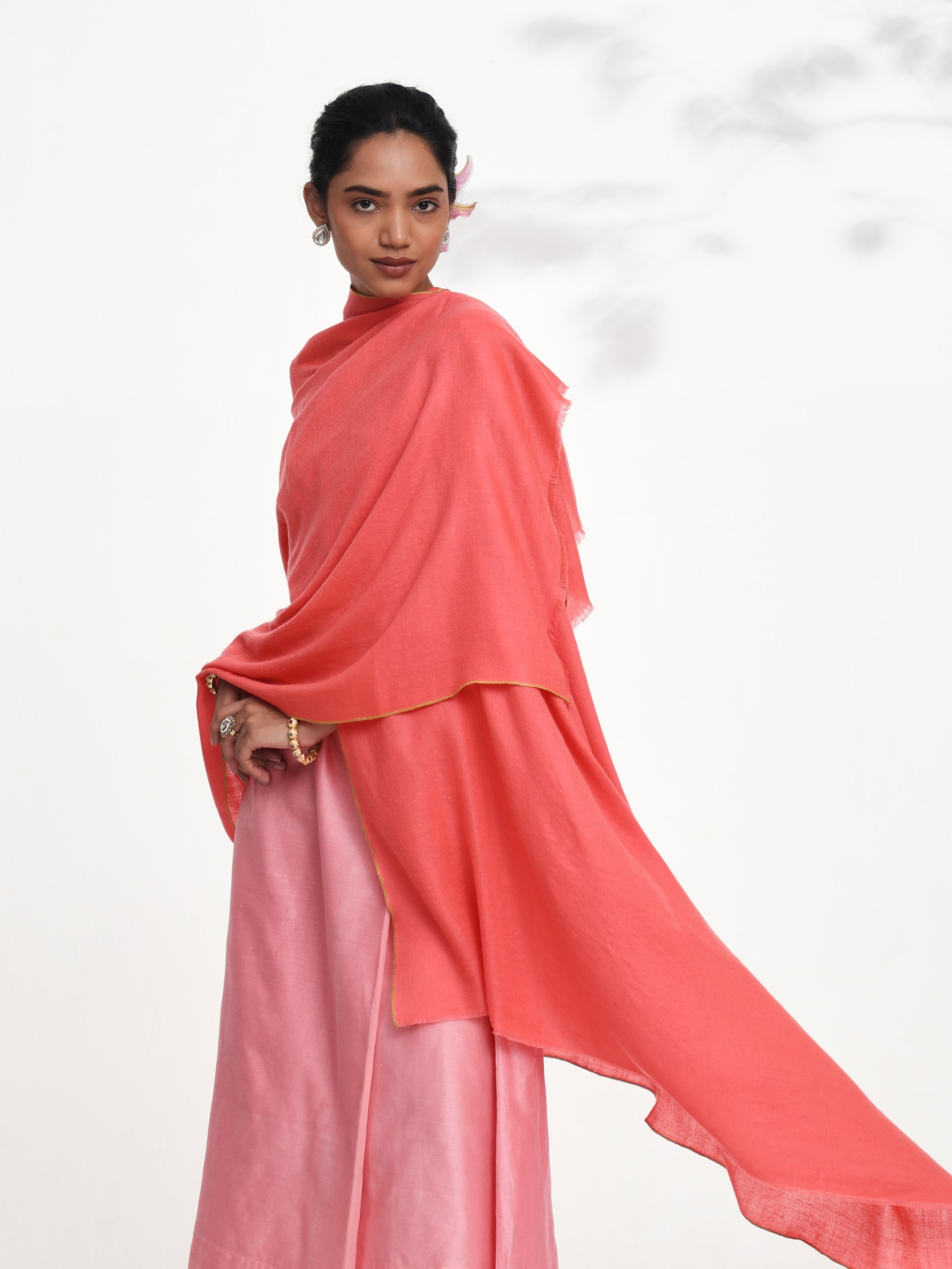 Coral Cashmere Kaaj Embroidered Handwoven Stole