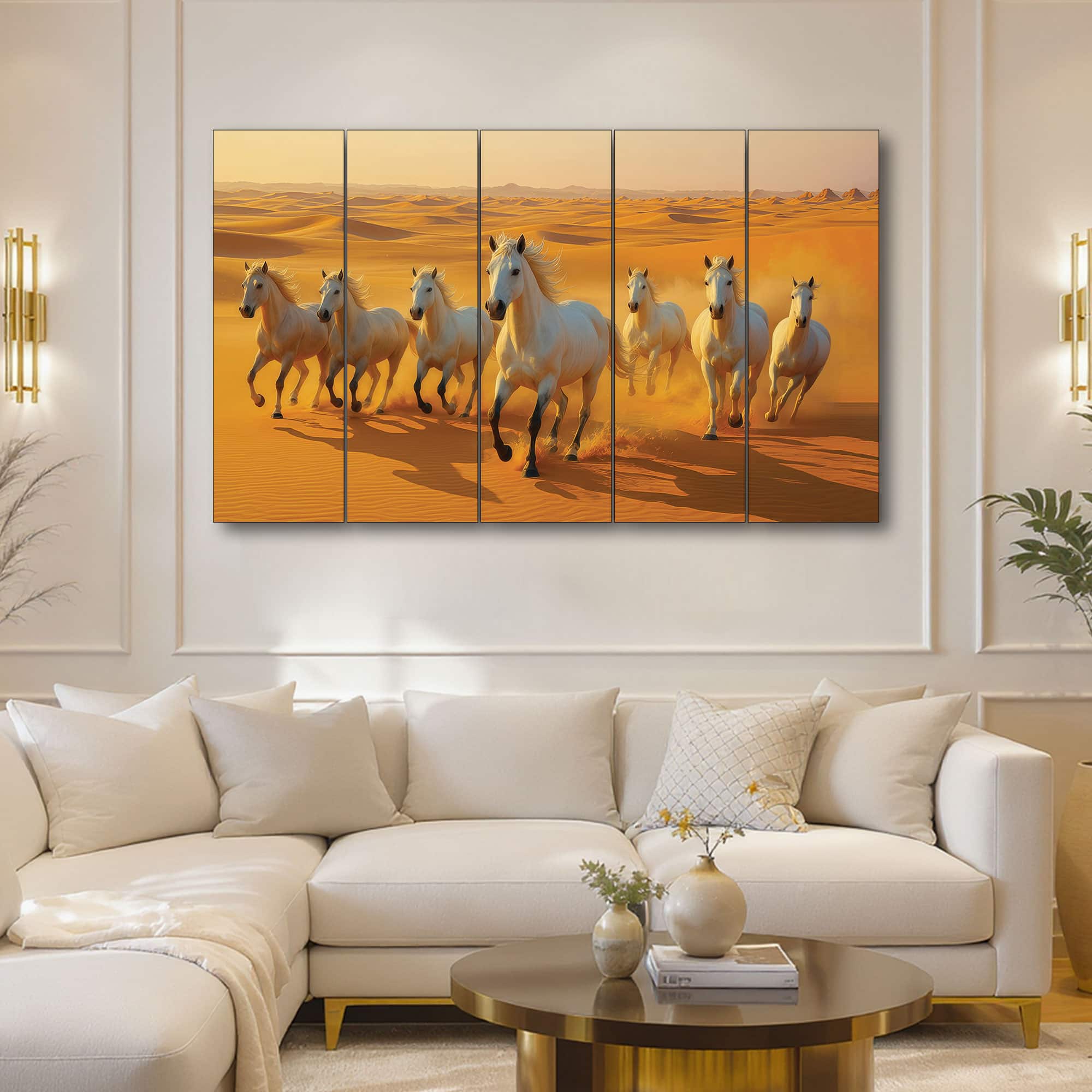 The Castle Decor Running Horses Vastu Wall Painting Design 9 Wooden Framed 27x48 Inch - The Castle Decor