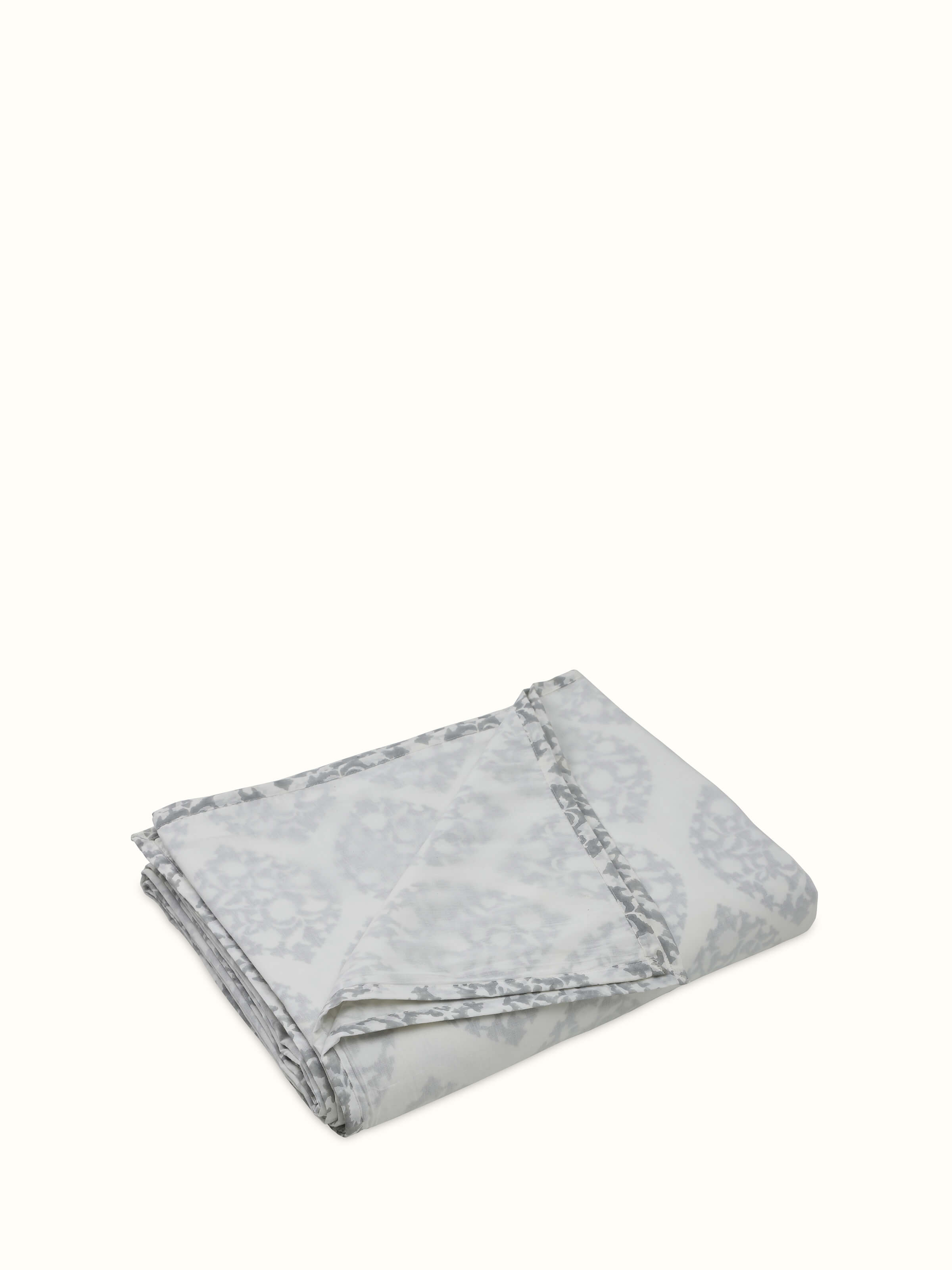 Angled view showing full layout and ogee design repeat of Mihrab grey hand block printed dohar