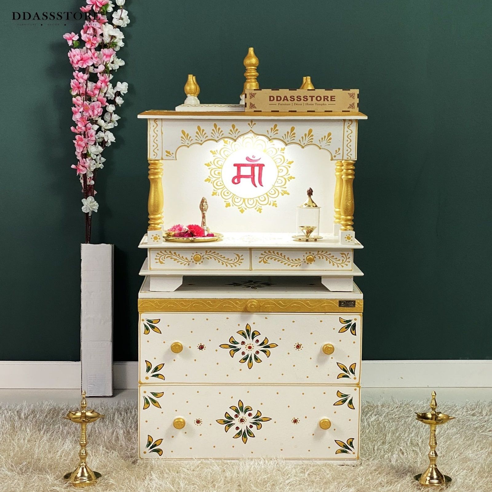 D'Dass Multi Color Mdf and Sheesham Wooden Temple With Cabinet For Pooja - D'DASS