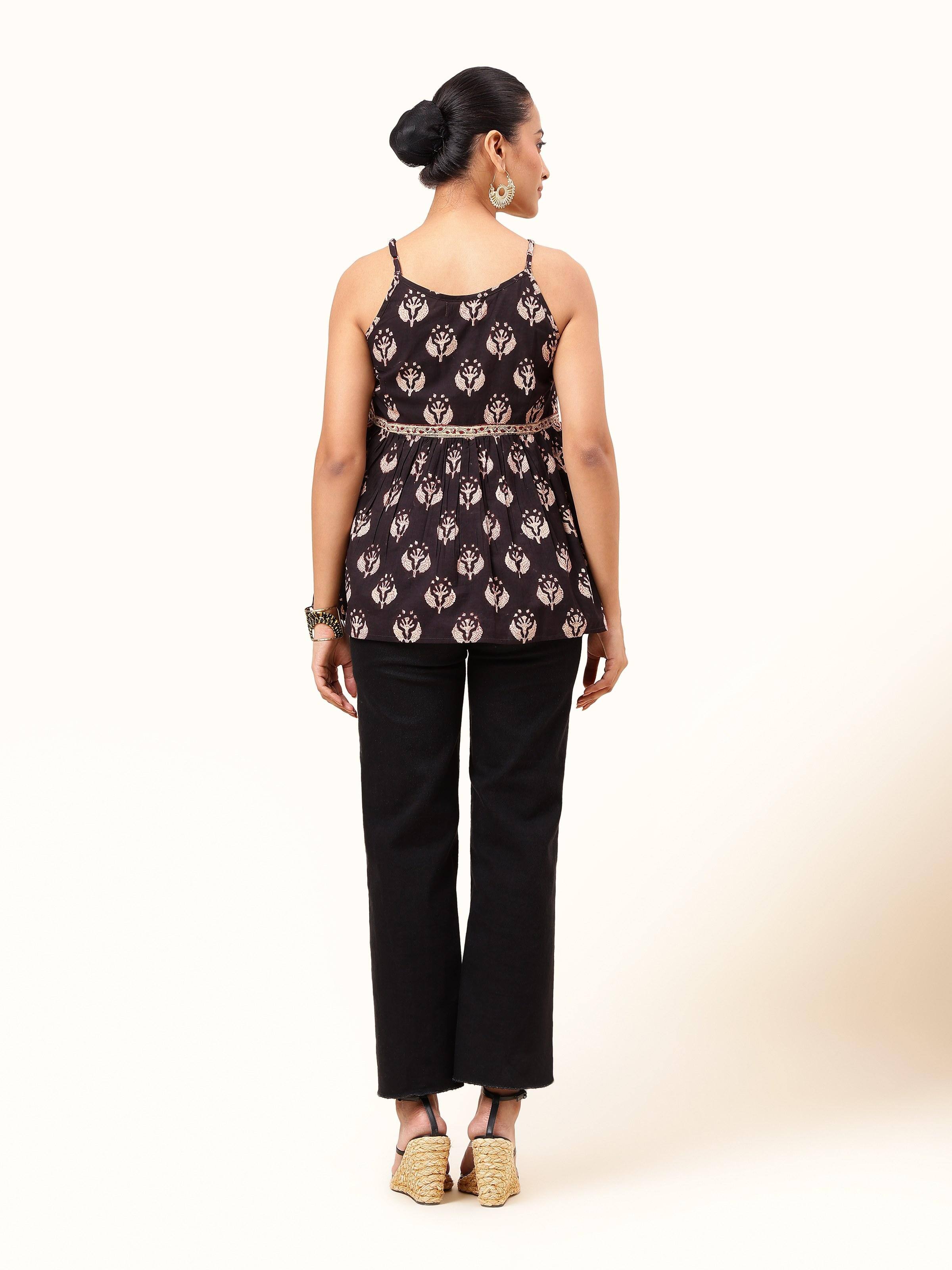 Black cotton Bagru block printed camisole top back view displaying simple back design and stitching